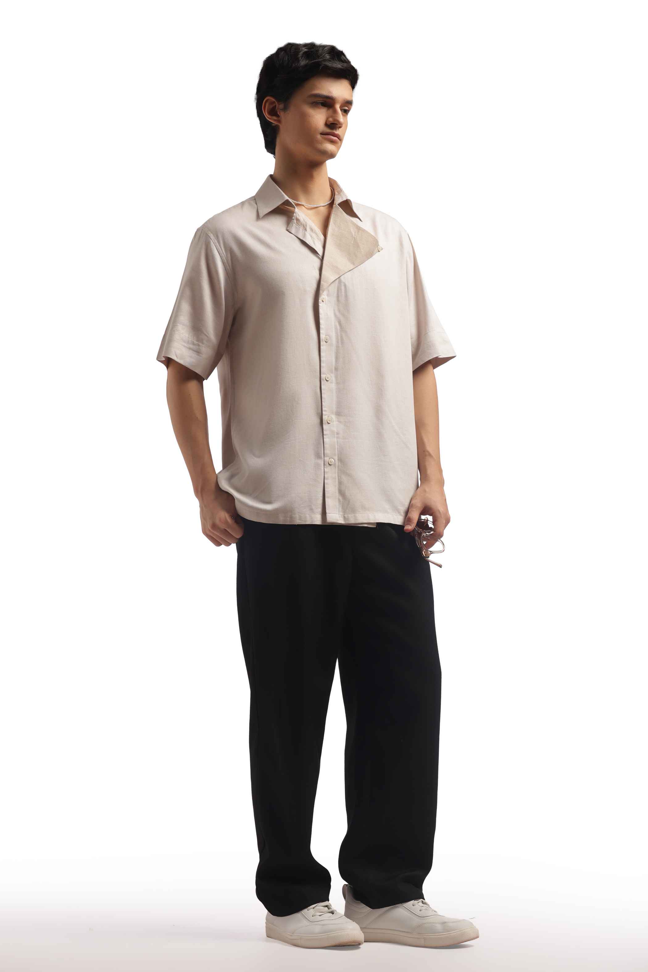 Light Beige Loose Fit Short Sleeve Shirt