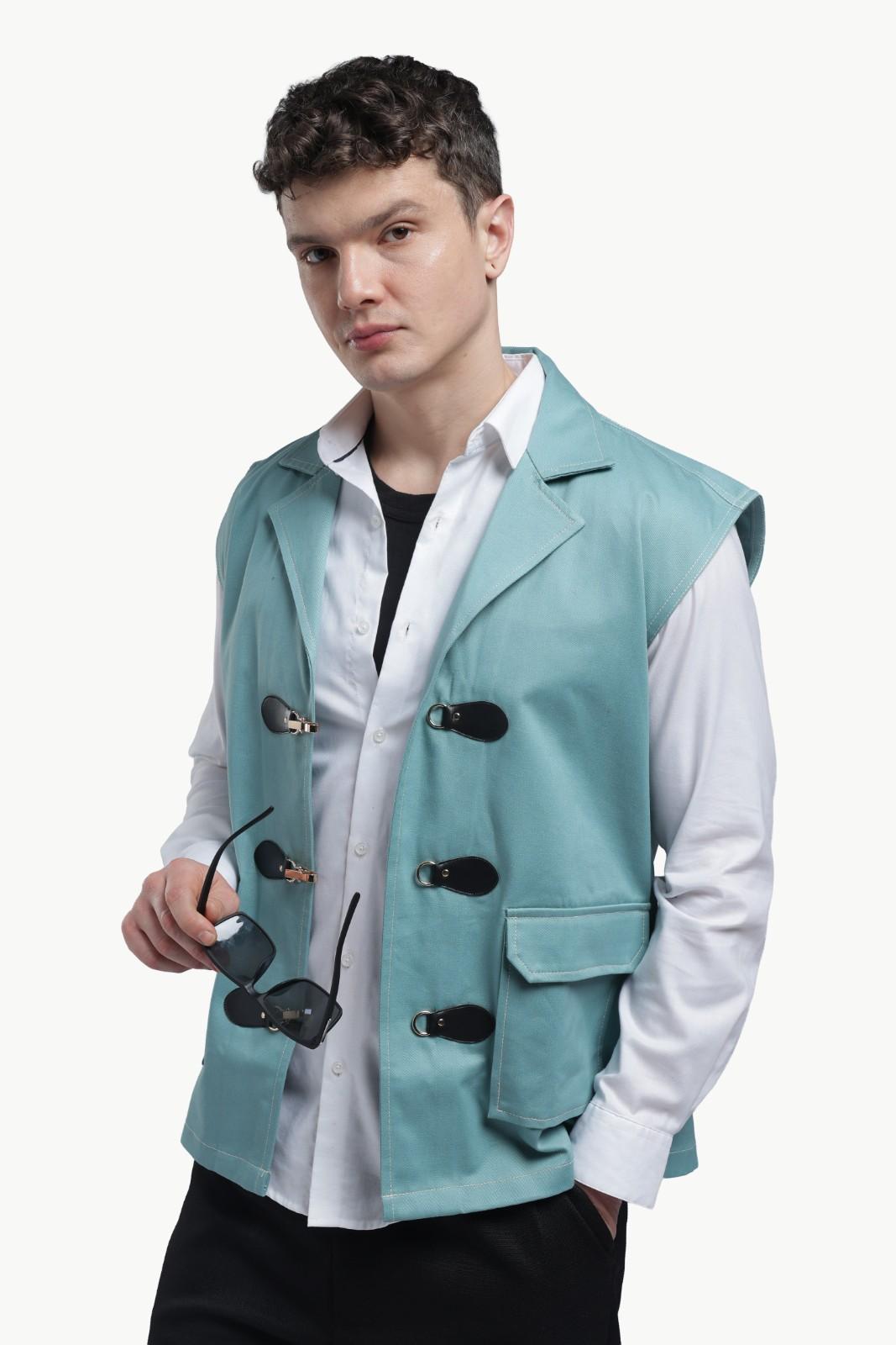 Blue Twill Sleevless Jacket
