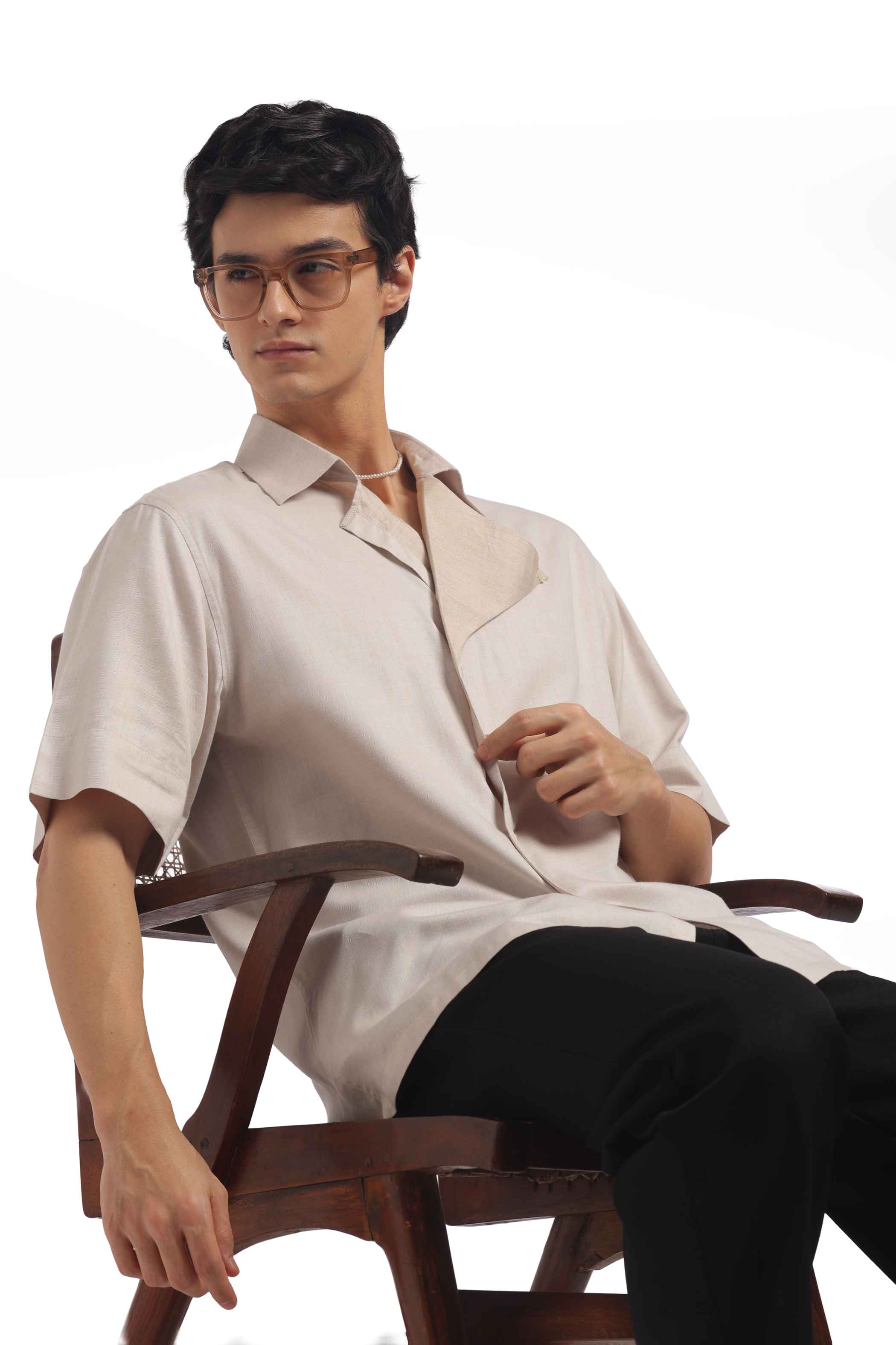 Light Beige Loose Fit Short Sleeve Shirt