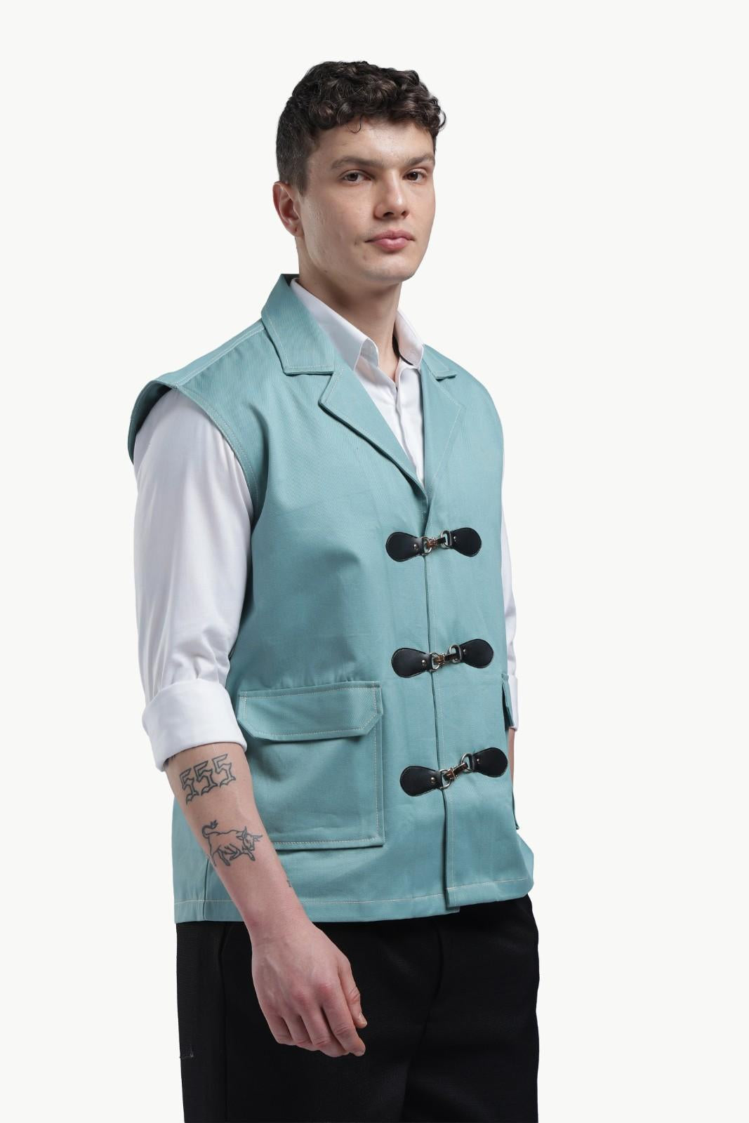 Blue Twill Sleevless Jacket