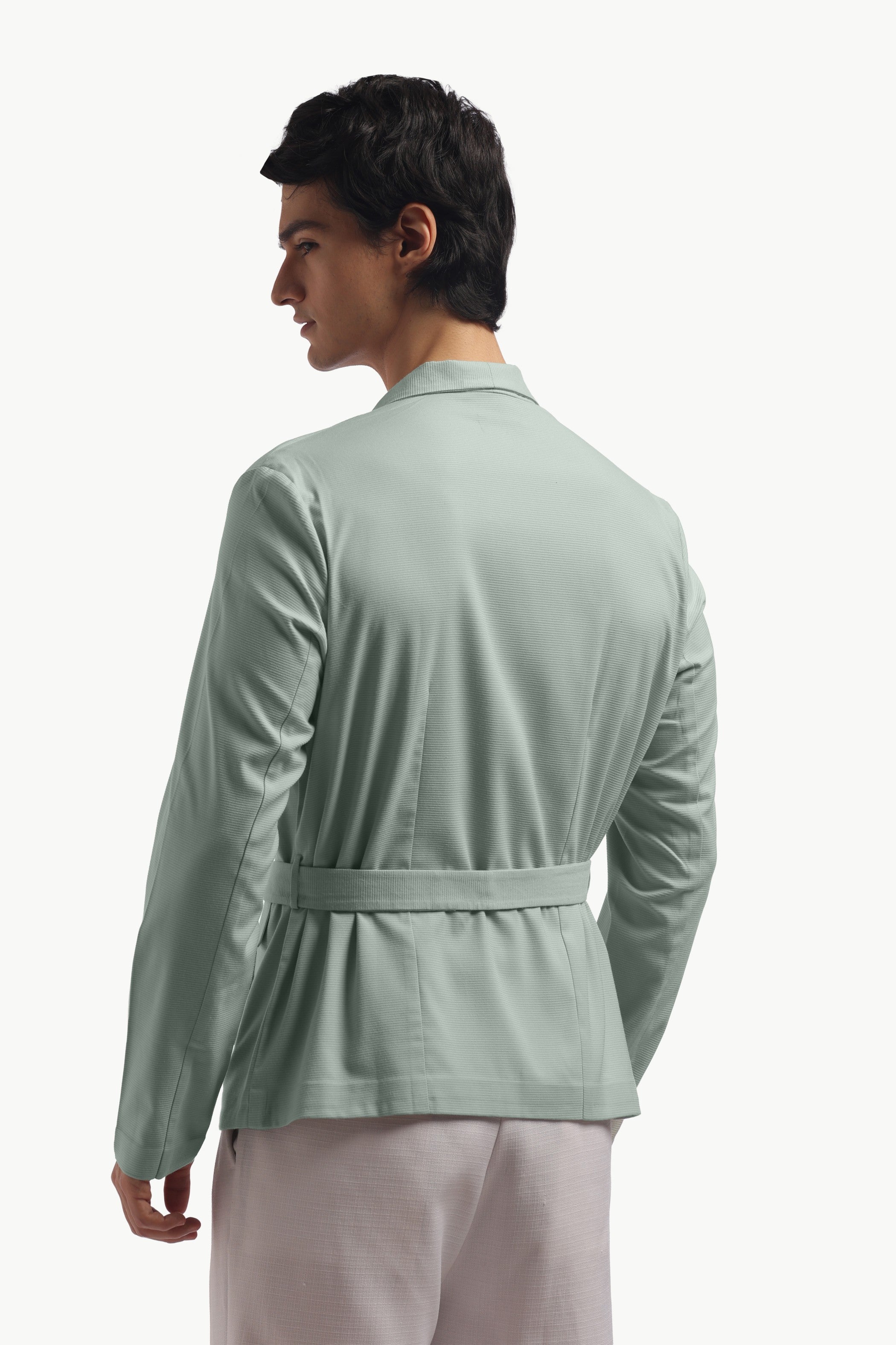Pastel Green Blazer Collar Belted Jacket