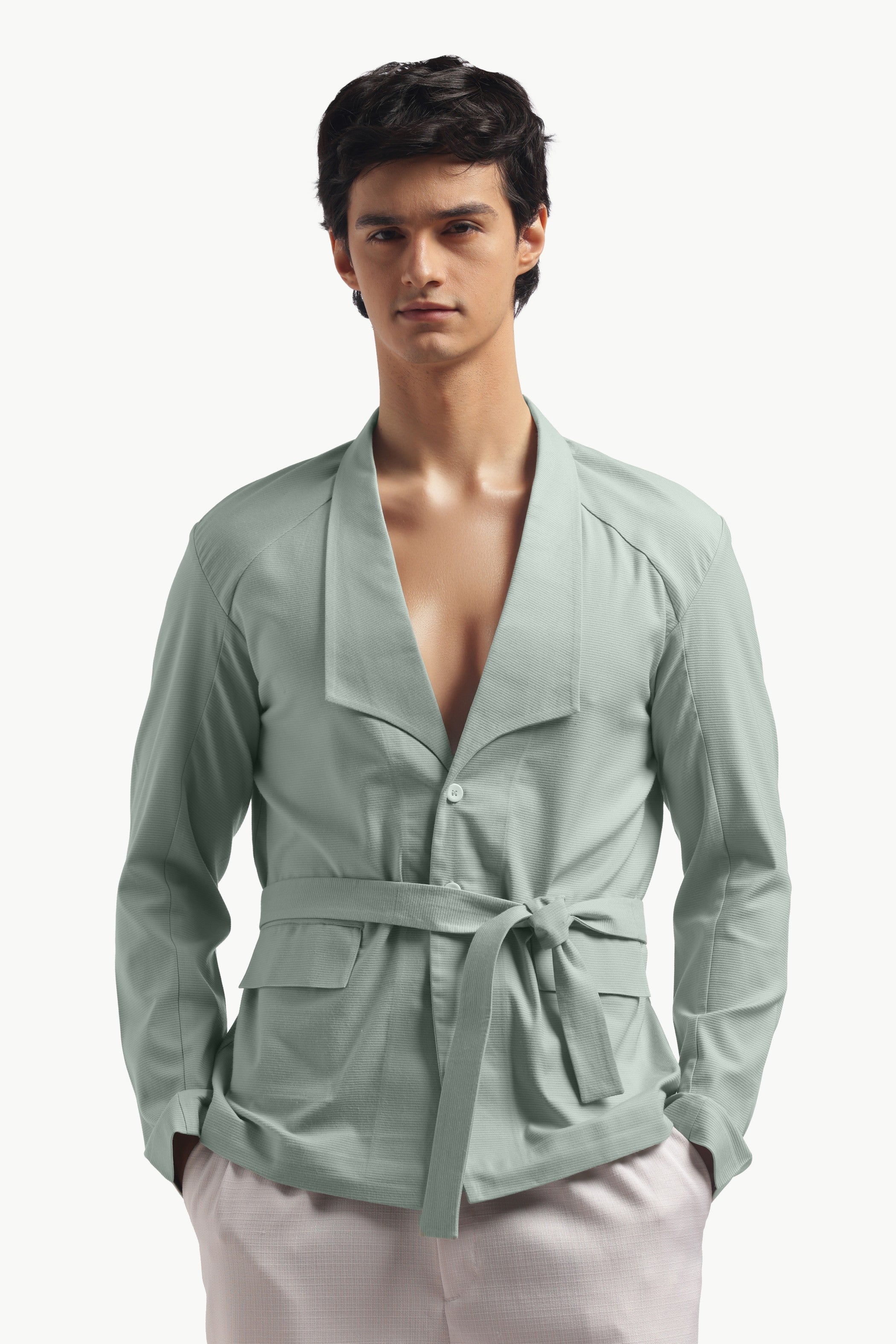 Pastel Green Blazer Collar Belted Jacket
