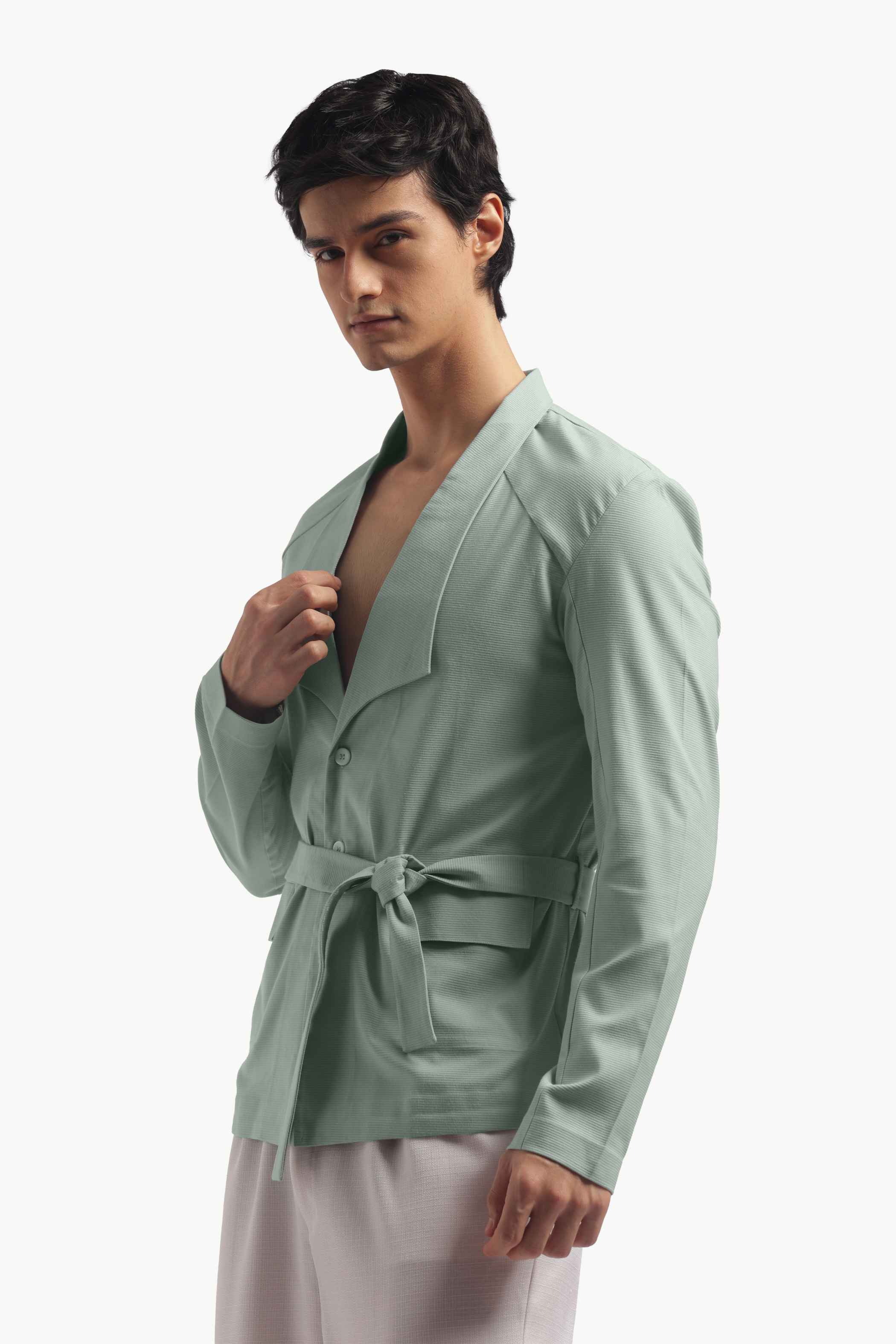 Pastel Green Blazer Collar Belted Jacket