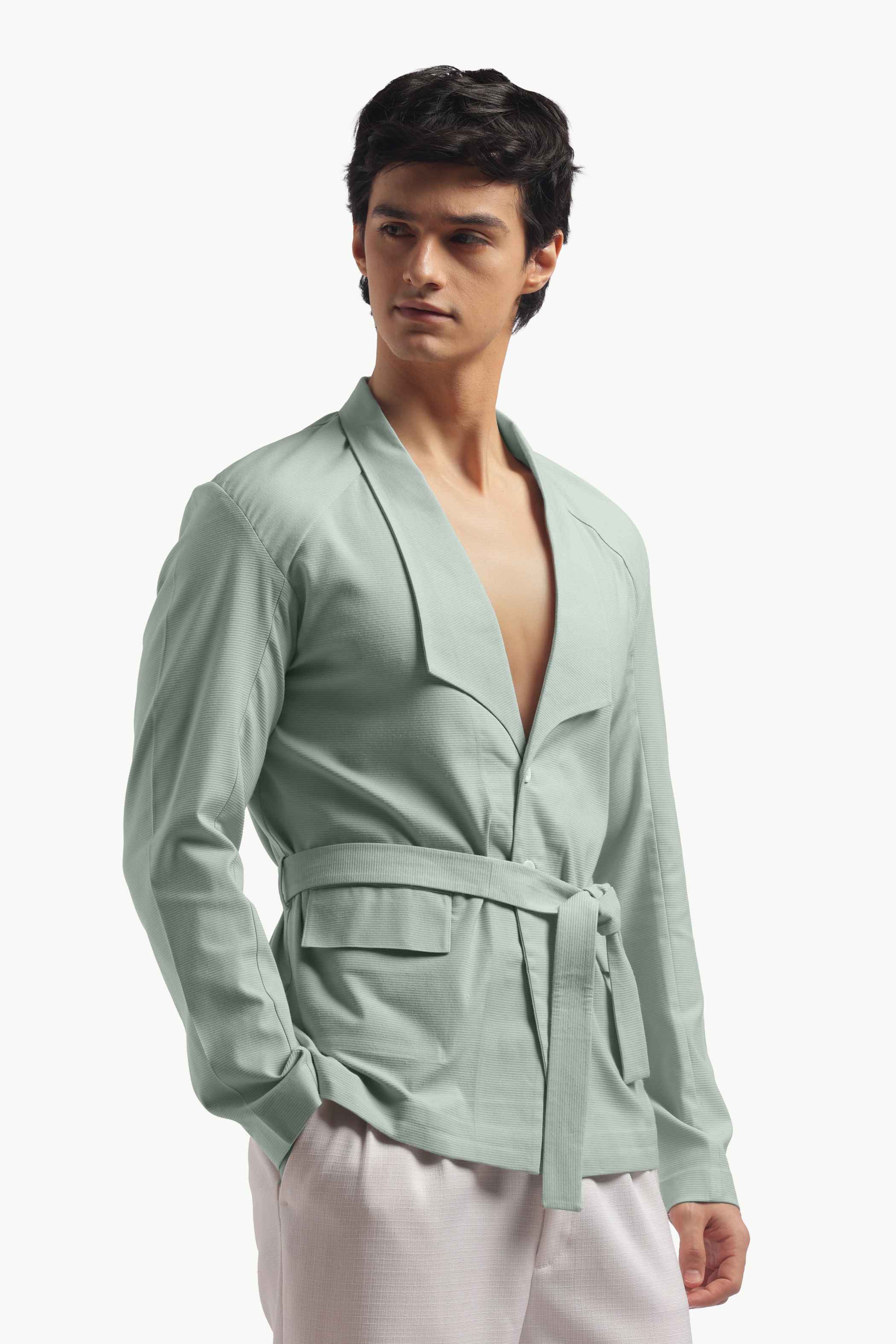 Pastel Green Blazer Collar Belted Jacket
