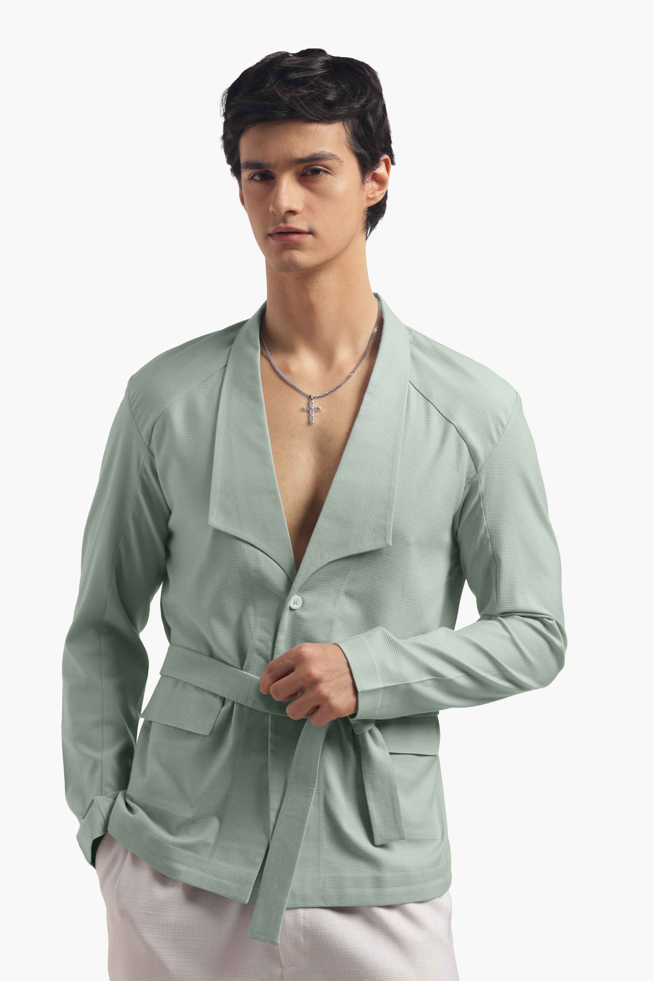 Pastel Green Blazer Collar Belted Jacket