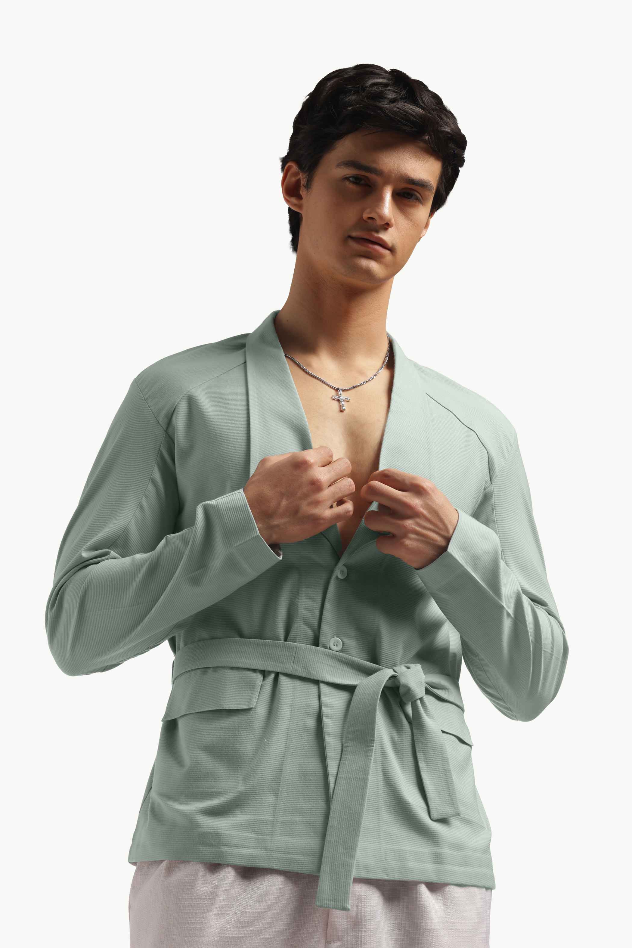 Pastel Green Blazer Collar Belted Jacket