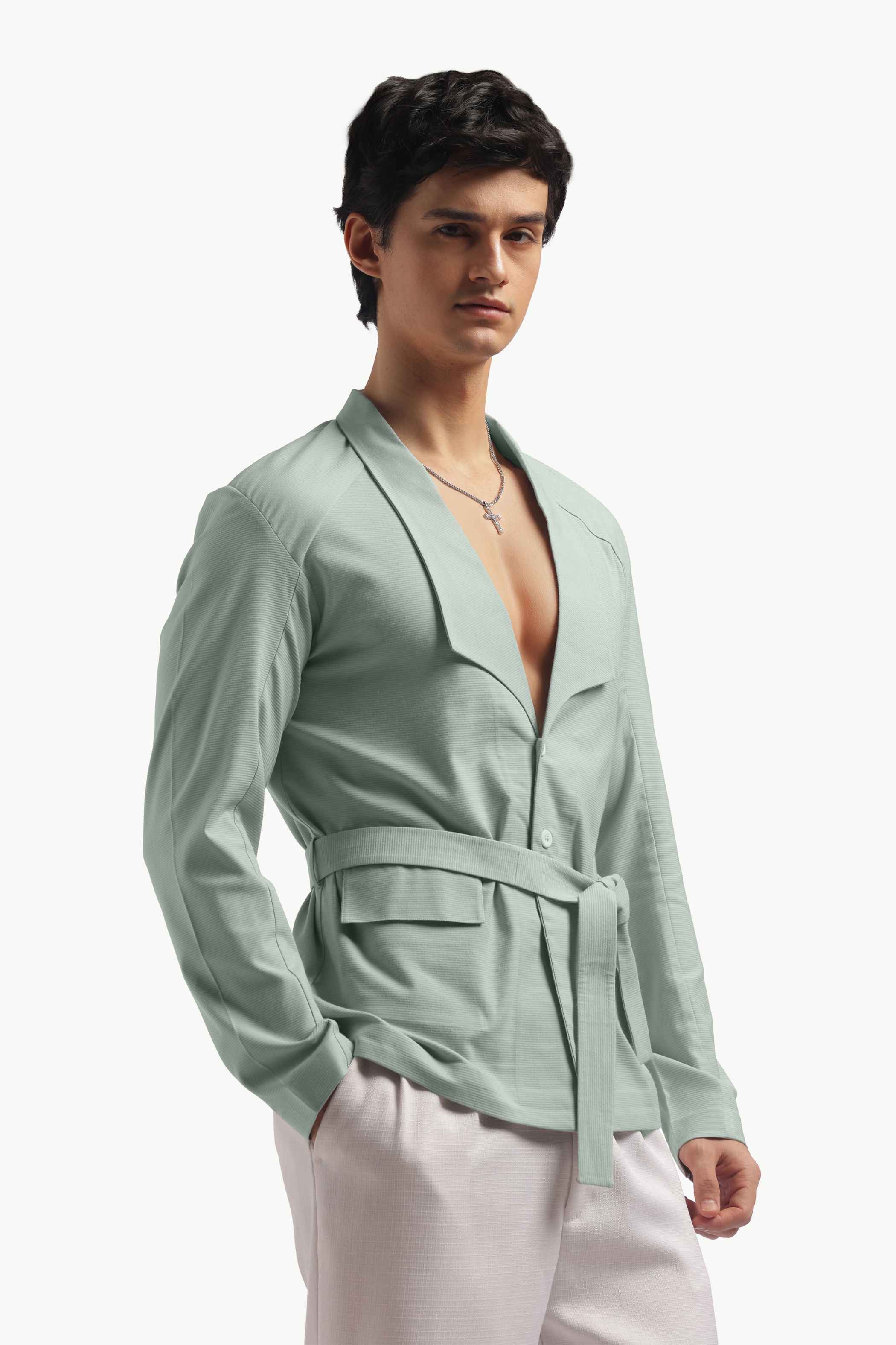 Pastel Green Blazer Collar Belted Jacket