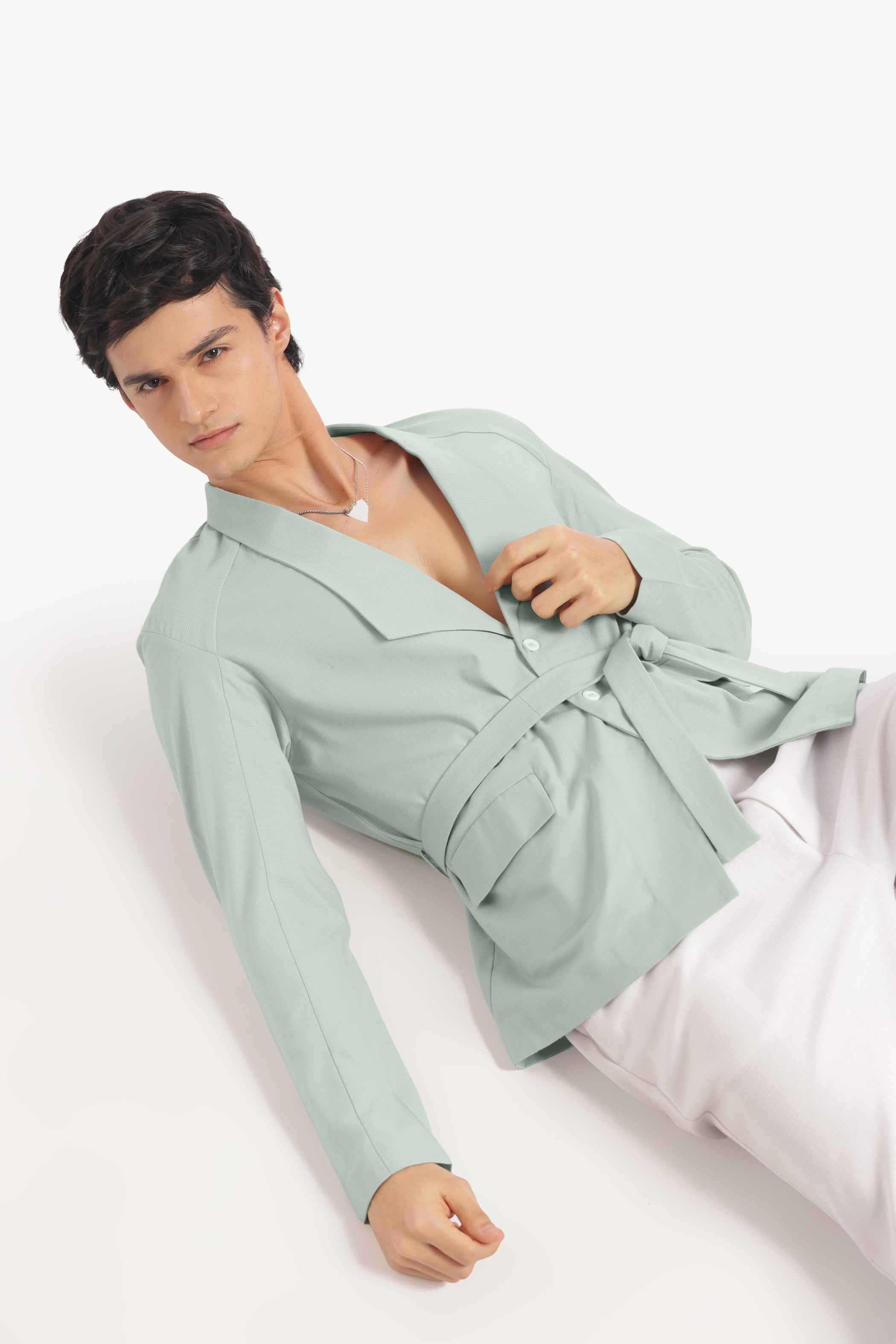 Pastel Green Blazer Collar Belted Jacket