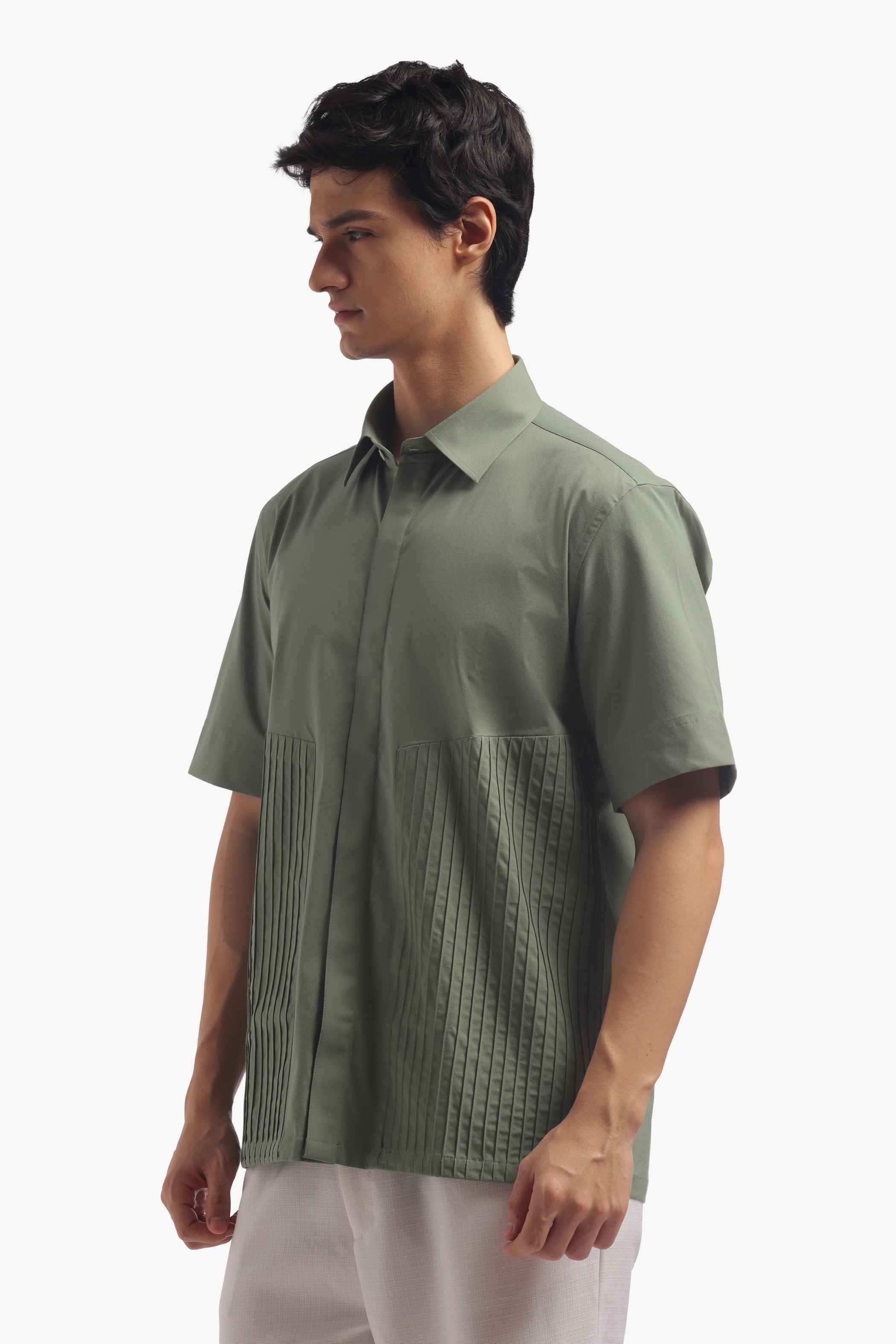 Muted Green Loose Fit Pintucks Shirt