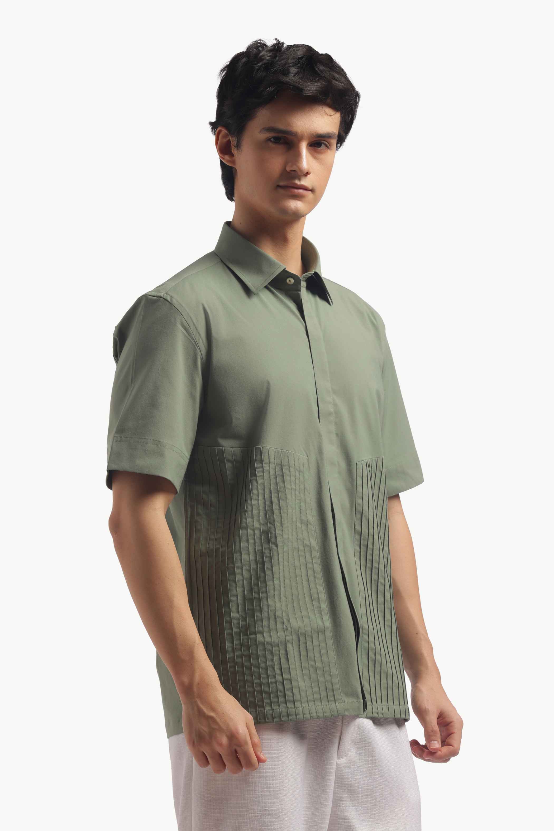 Muted Green Loose Fit Pintucks Shirt