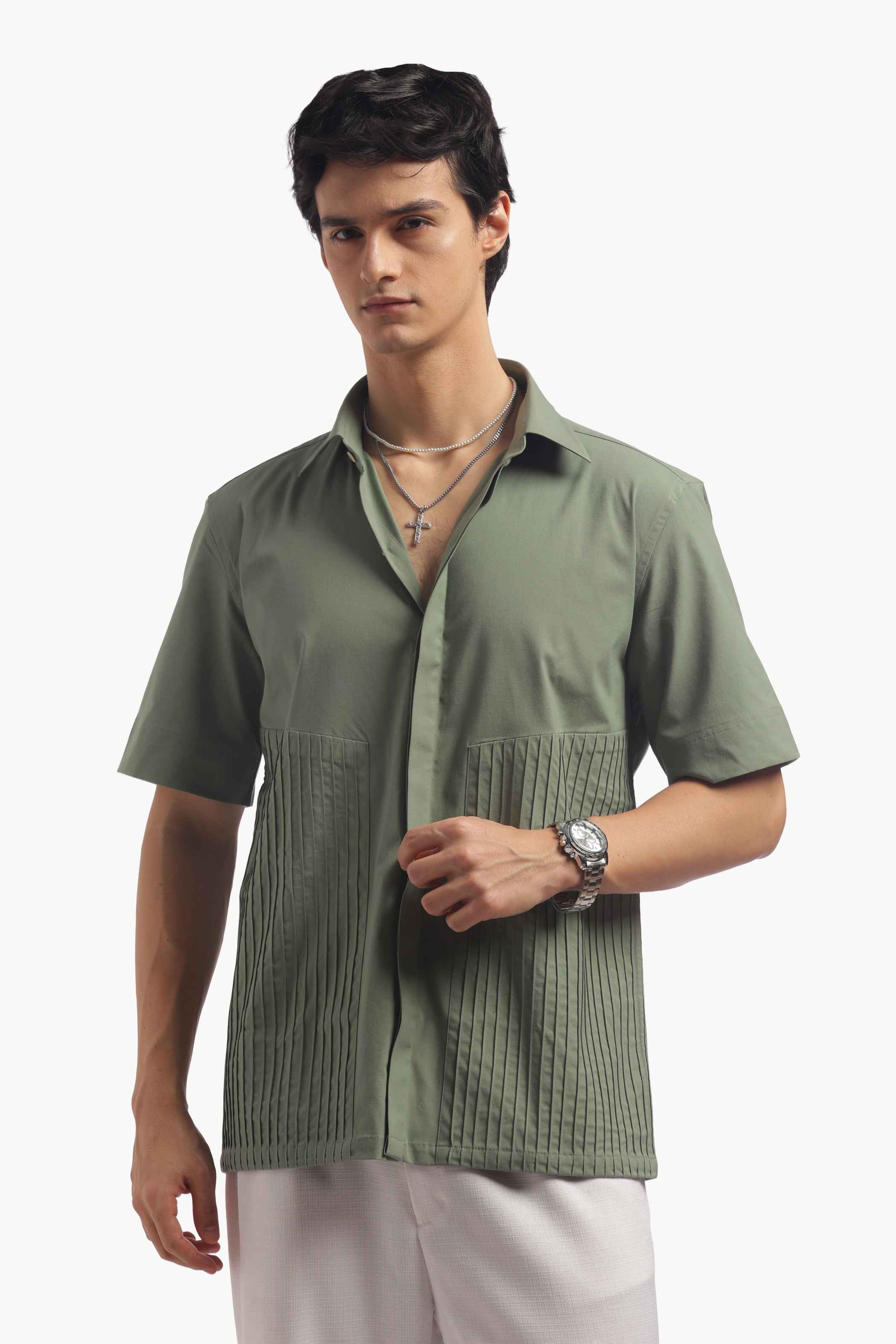 Muted Green Loose Fit Pintucks Shirt