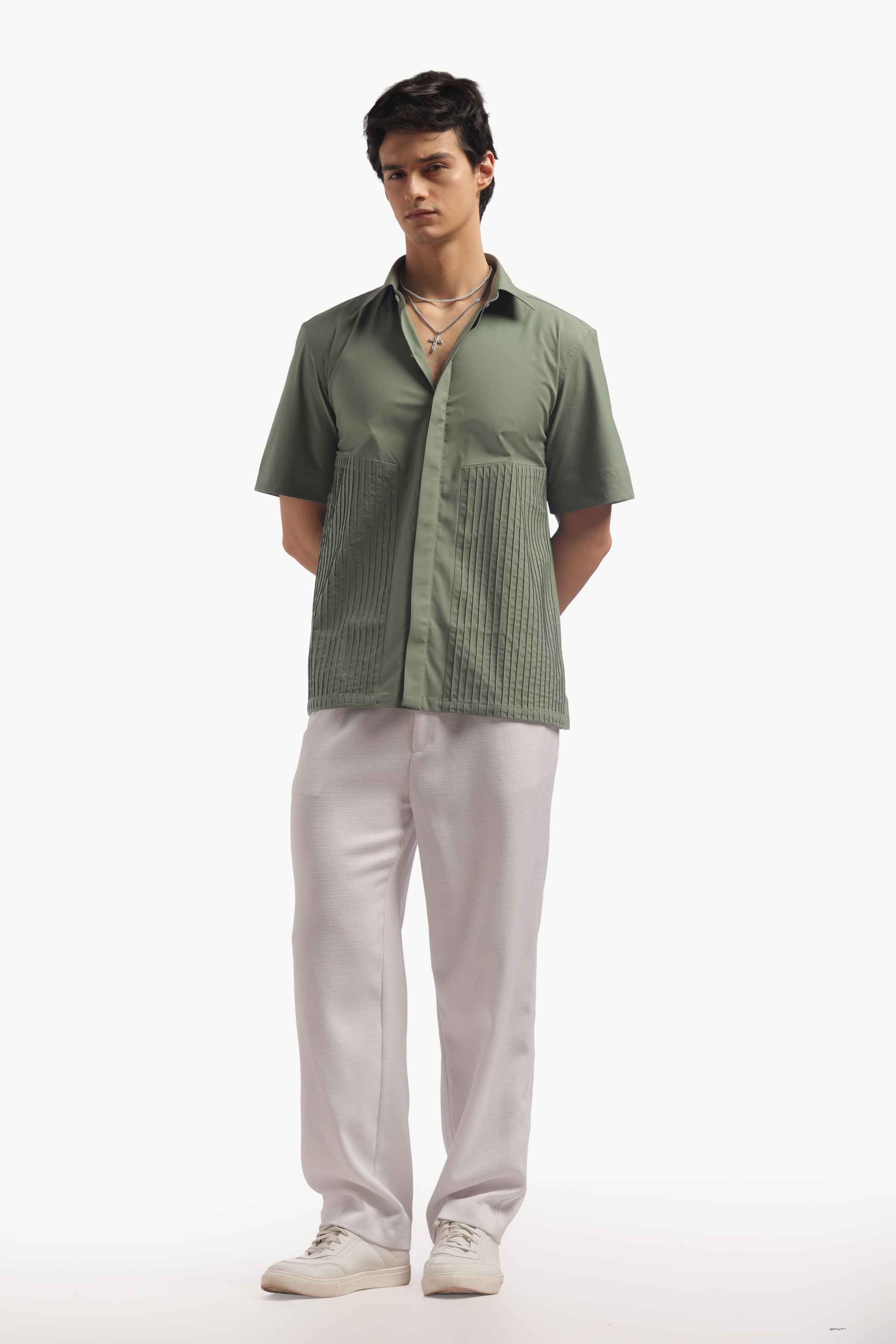 Muted Green Loose Fit Pintucks Shirt