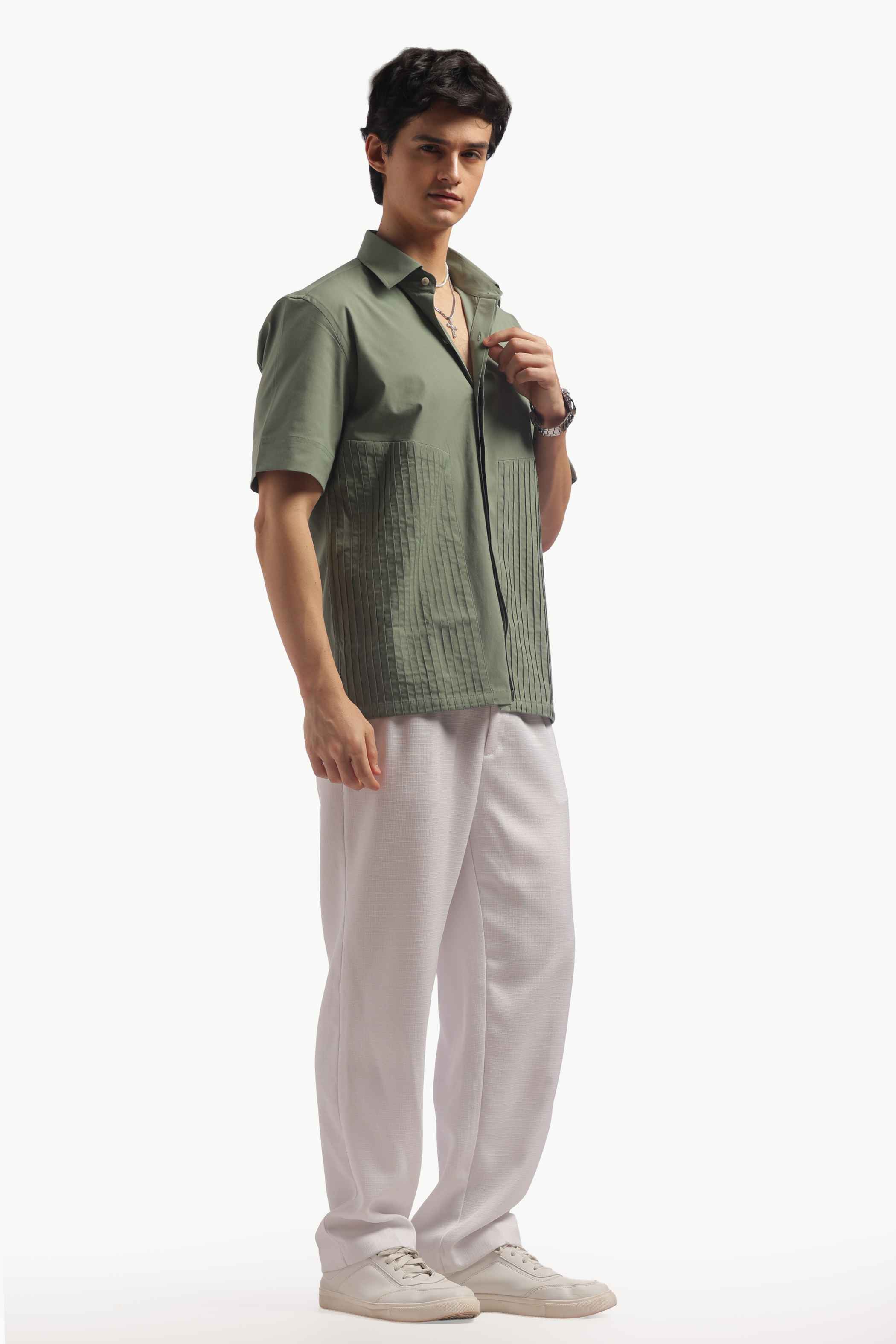 Muted Green Loose Fit Pintucks Shirt