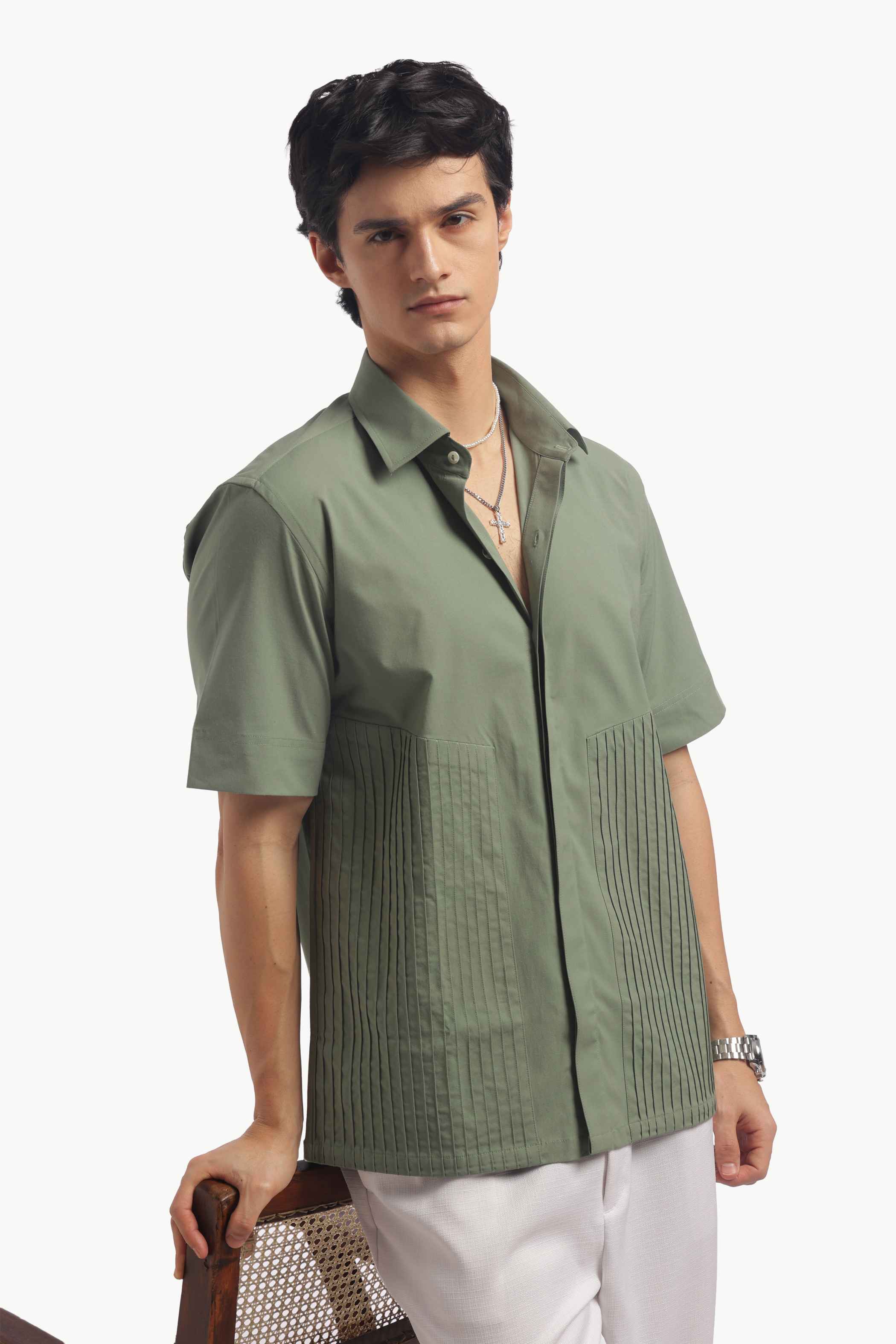 Muted Green Loose Fit Pintucks Shirt