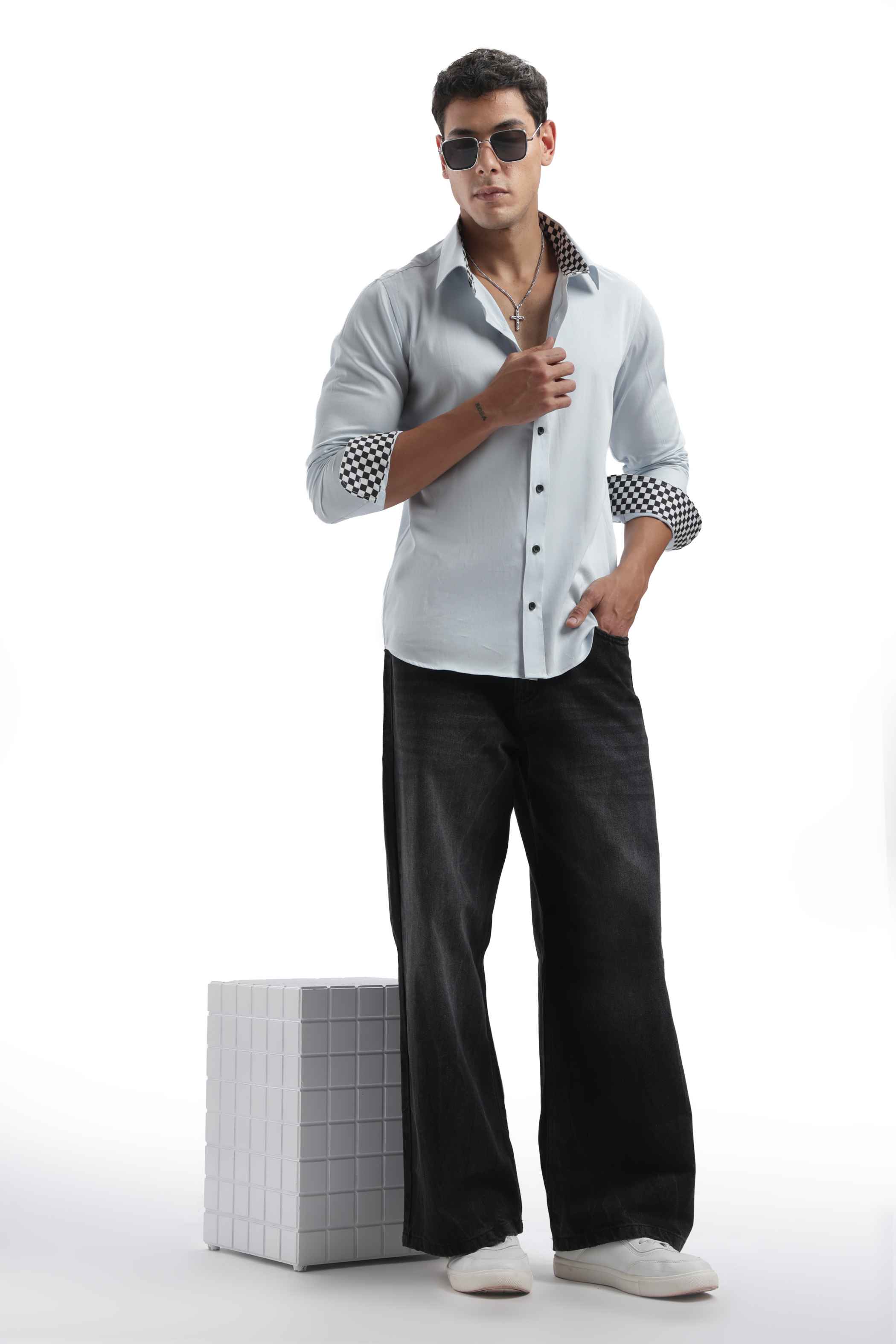 Light Blue Checks Detail Shirt