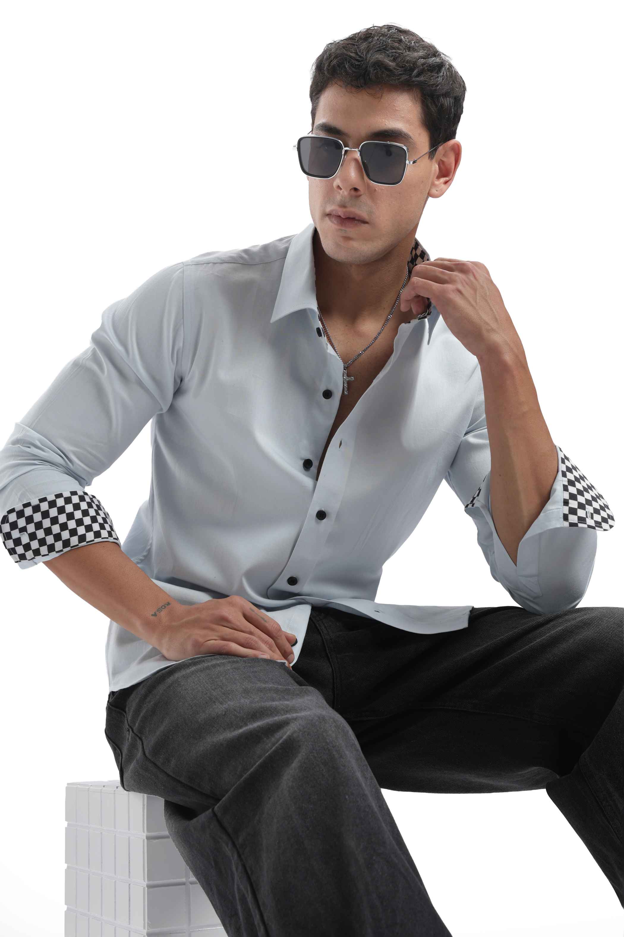 Light Blue Checks Detail Shirt