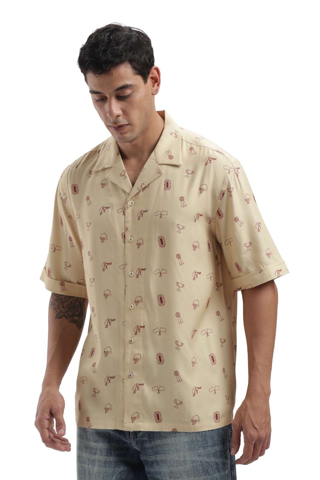 Beige Derby Print Baggy Shirt