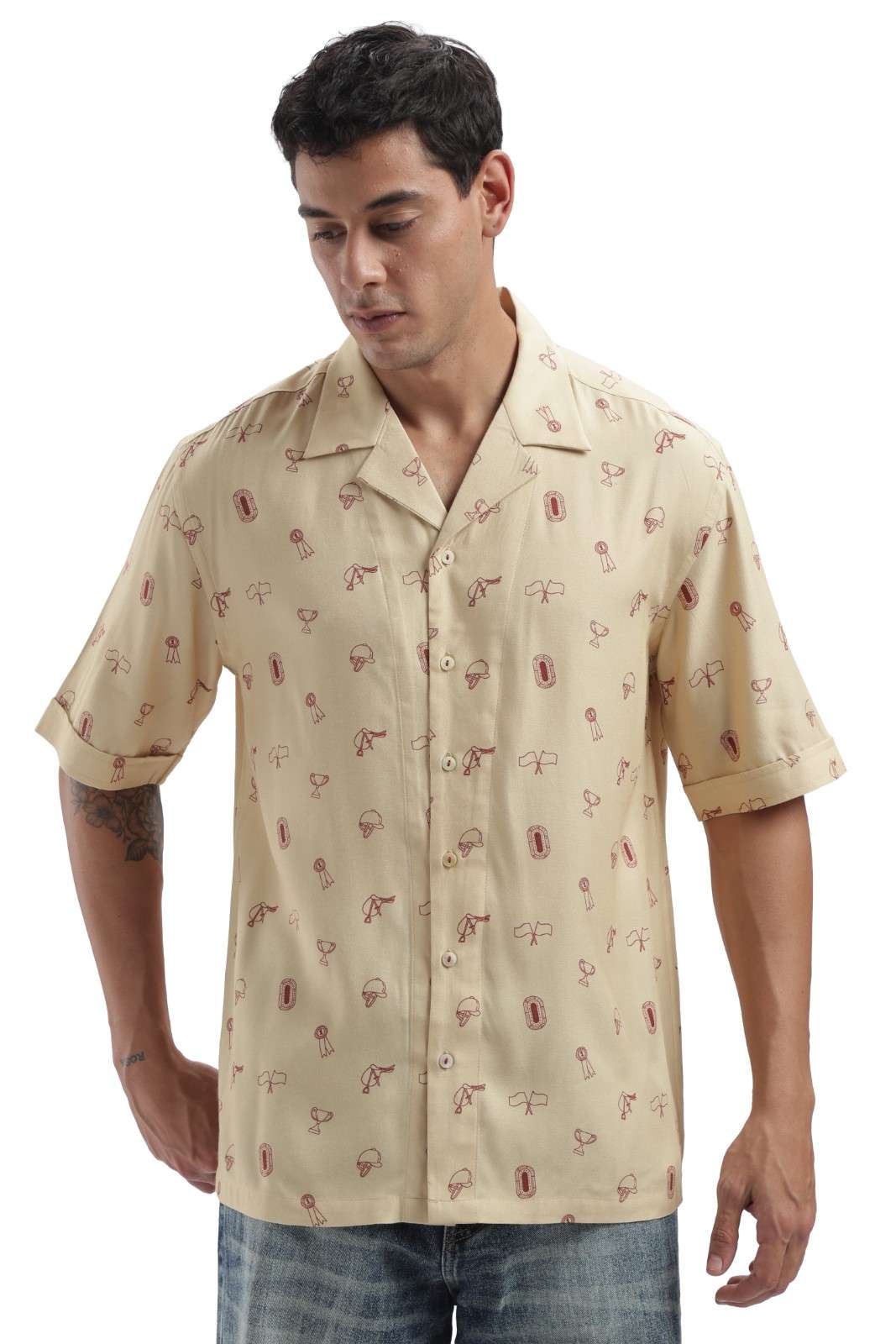 Beige Derby Print Baggy Shirt