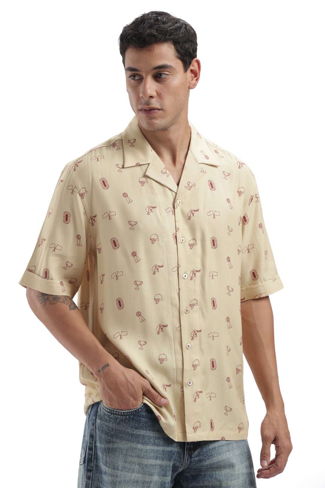 Beige Derby Print Baggy Shirt