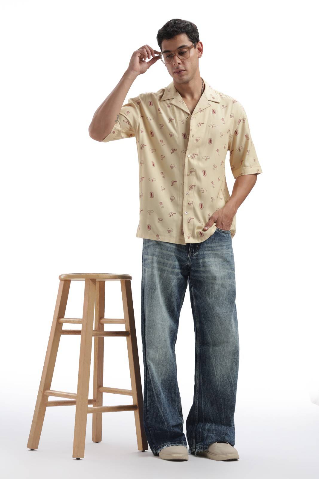 Beige Derby Print Baggy Shirt