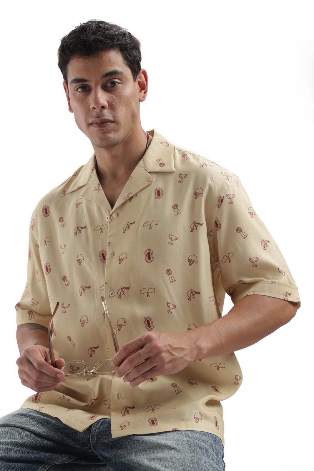 Beige Derby Print Baggy Shirt