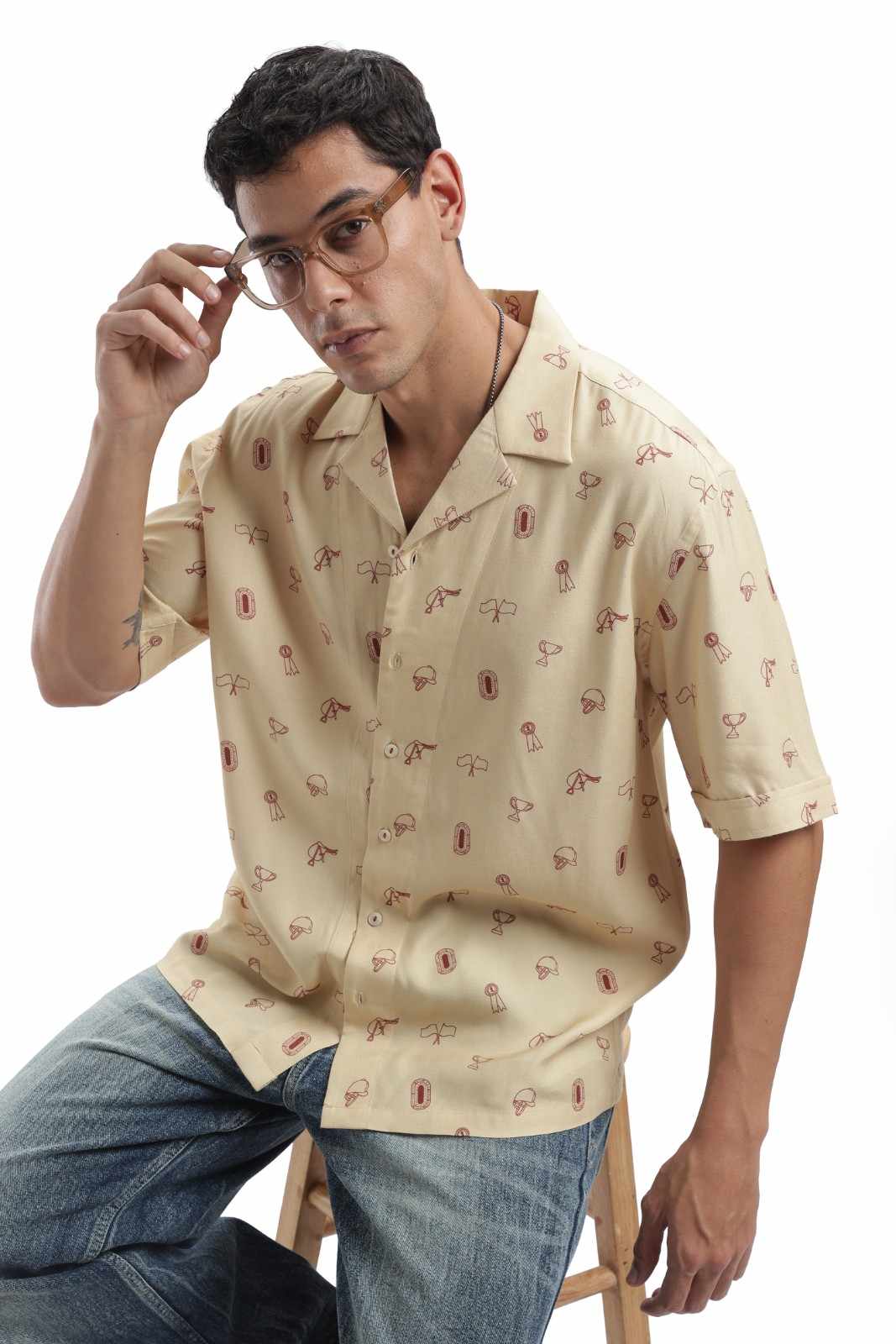 Beige Derby Print Baggy Shirt