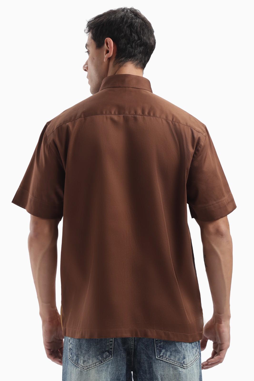 Brown Colour Block Pintucks Statement Shirt