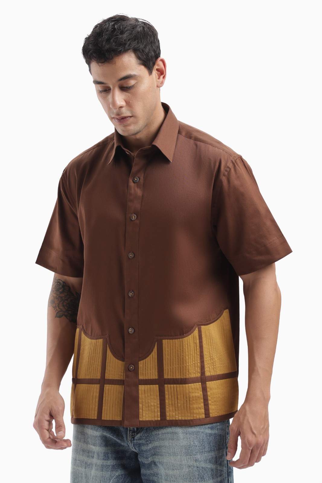 Brown Colour Block Pintucks Statement Shirt