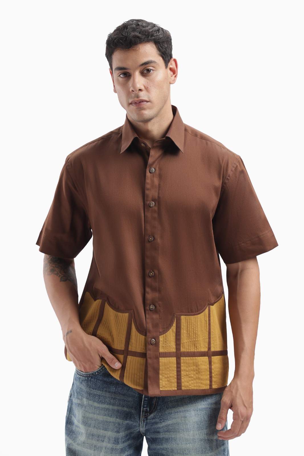 Brown Colour Block Pintucks Statement Shirt