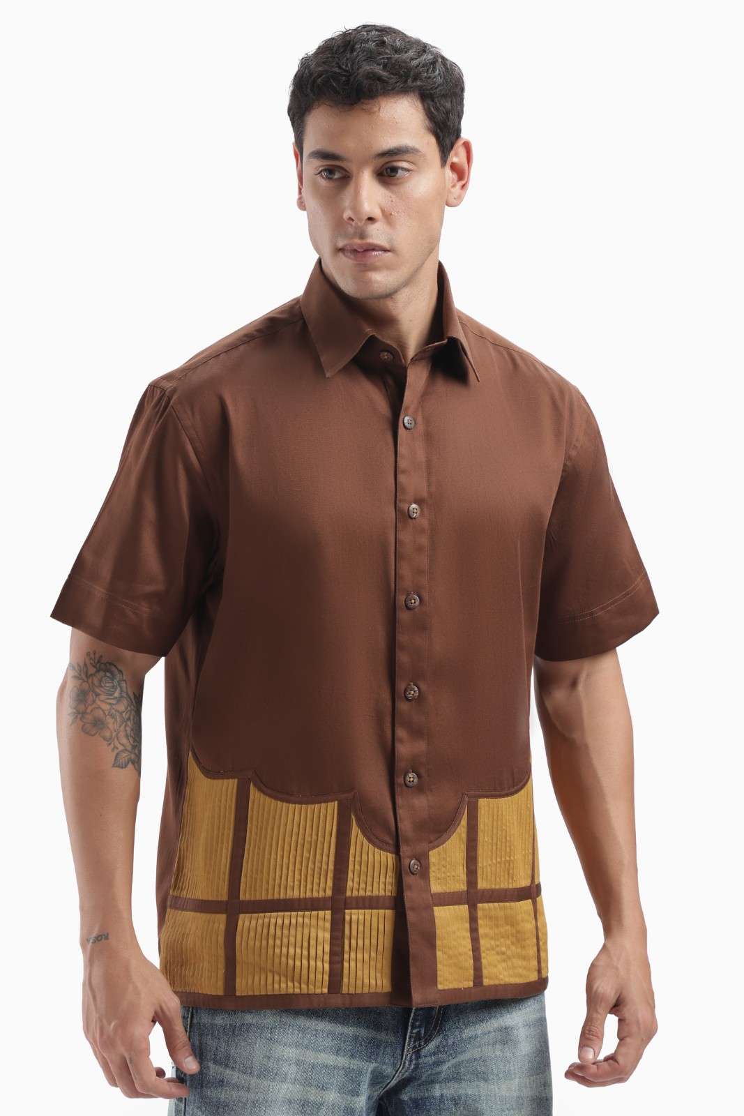 Brown Colour Block Pintucks Statement Shirt