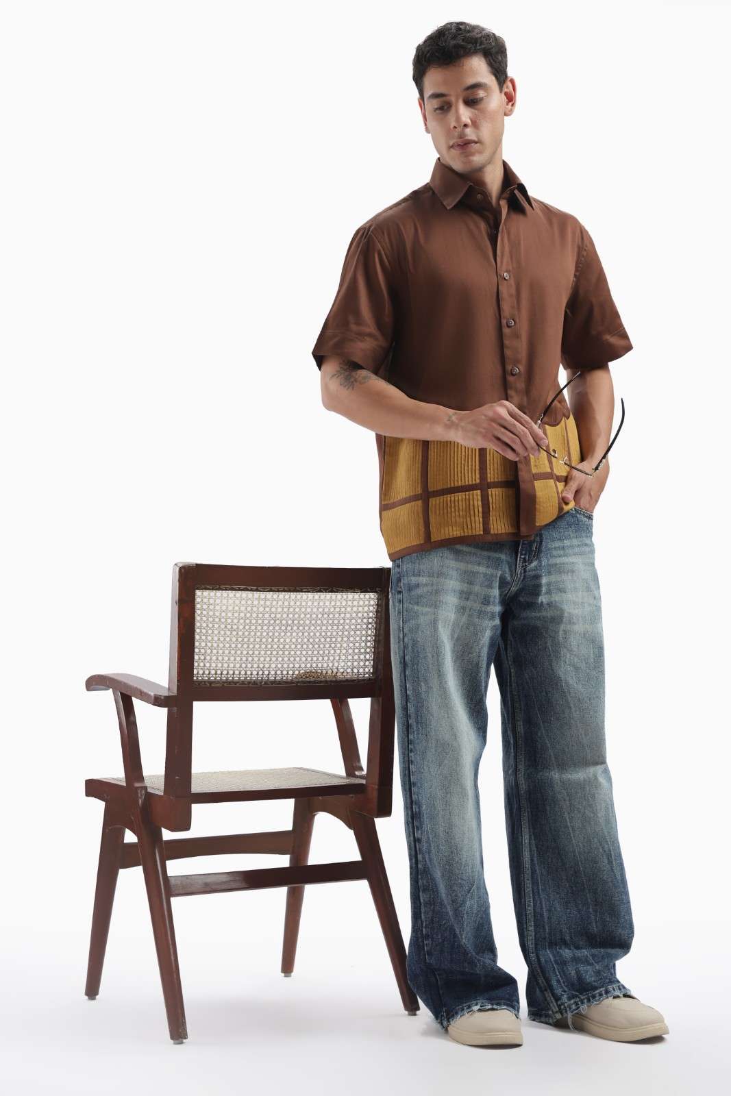 Brown Colour Block Pintucks Statement Shirt