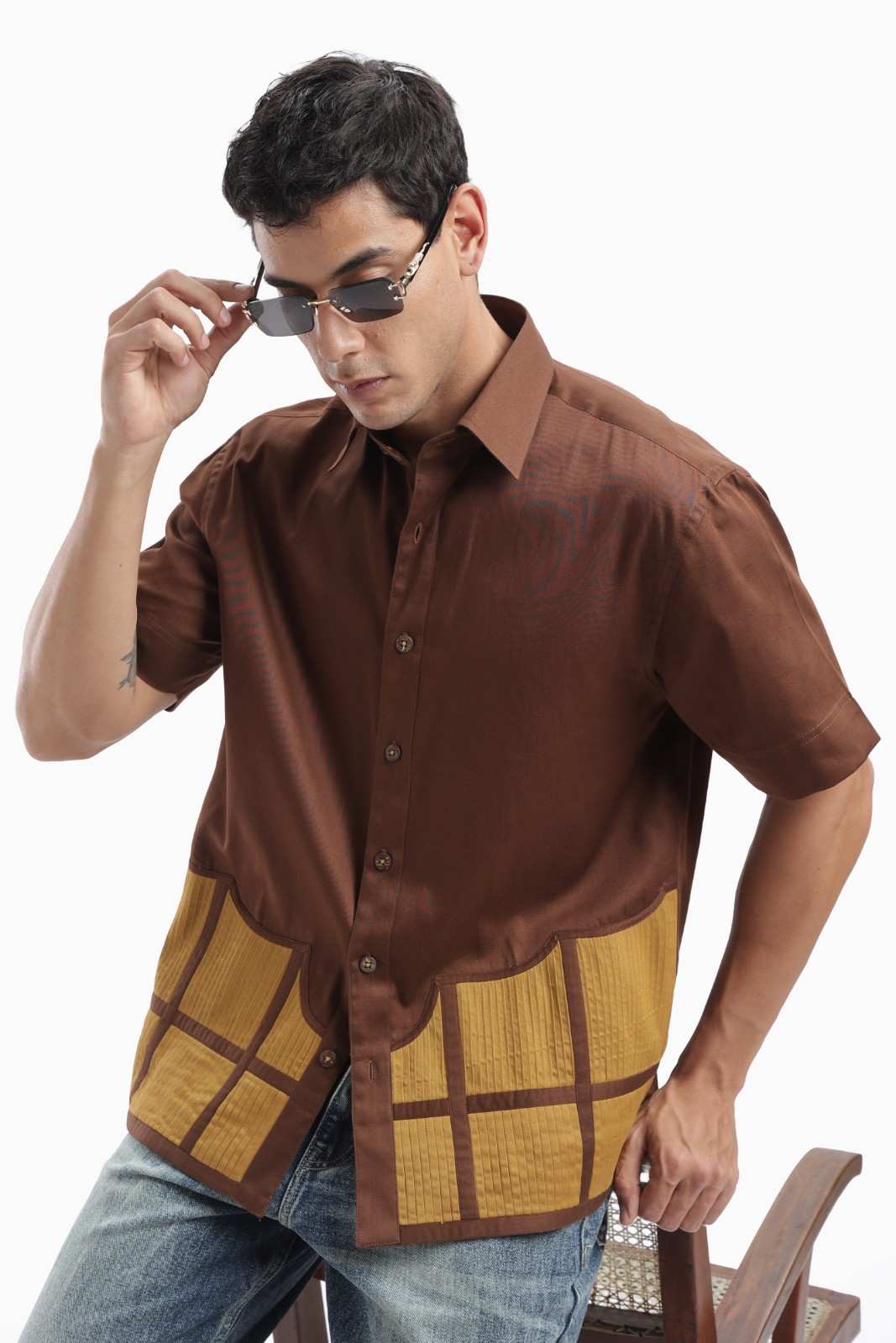 Brown Colour Block Pintucks Statement Shirt