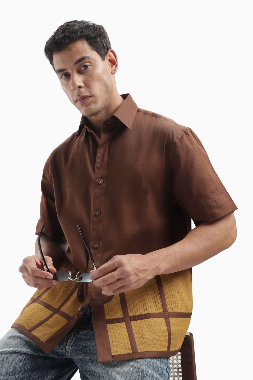 Brown Colour Block Pintucks Statement Shirt
