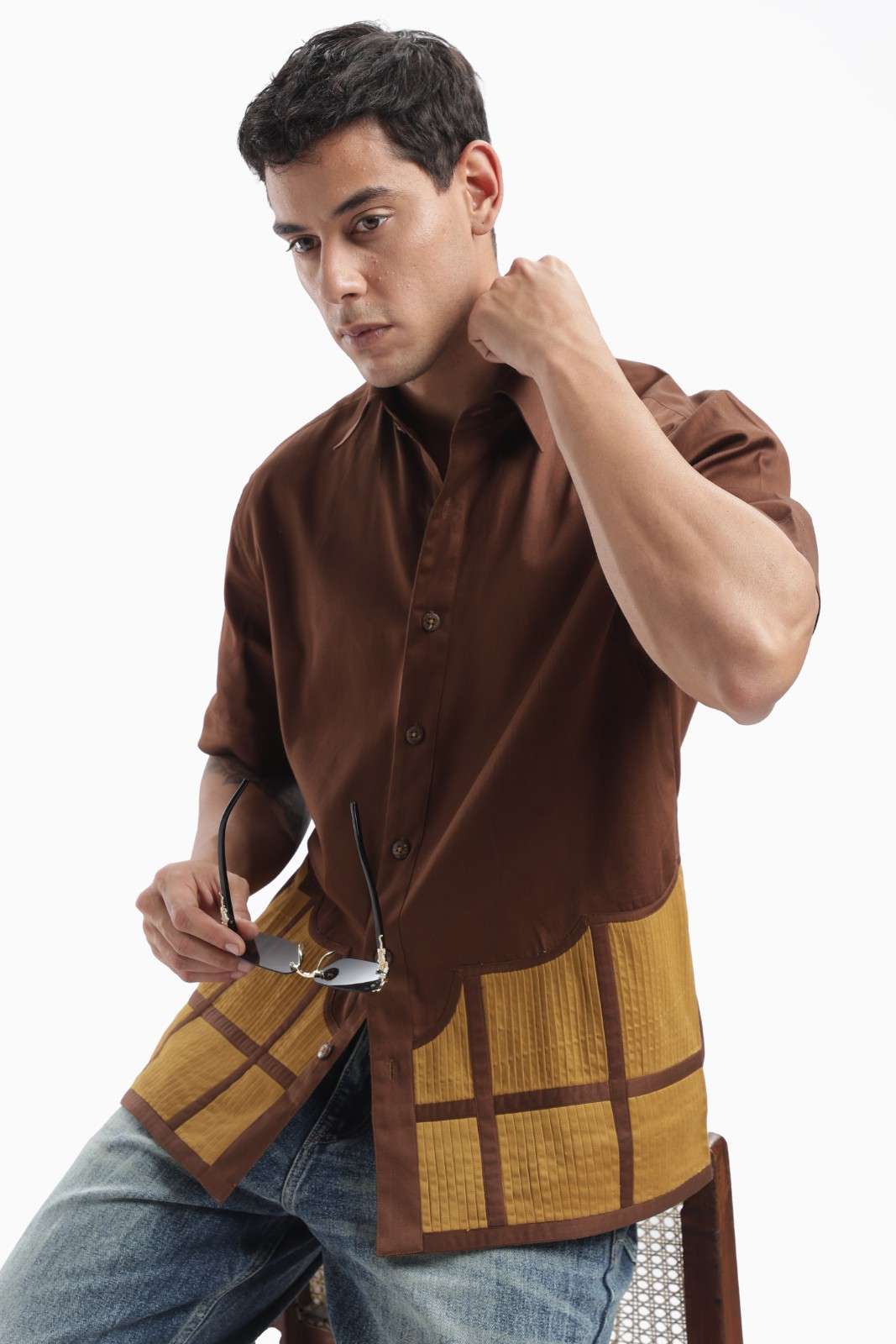 Brown Colour Block Pintucks Statement Shirt