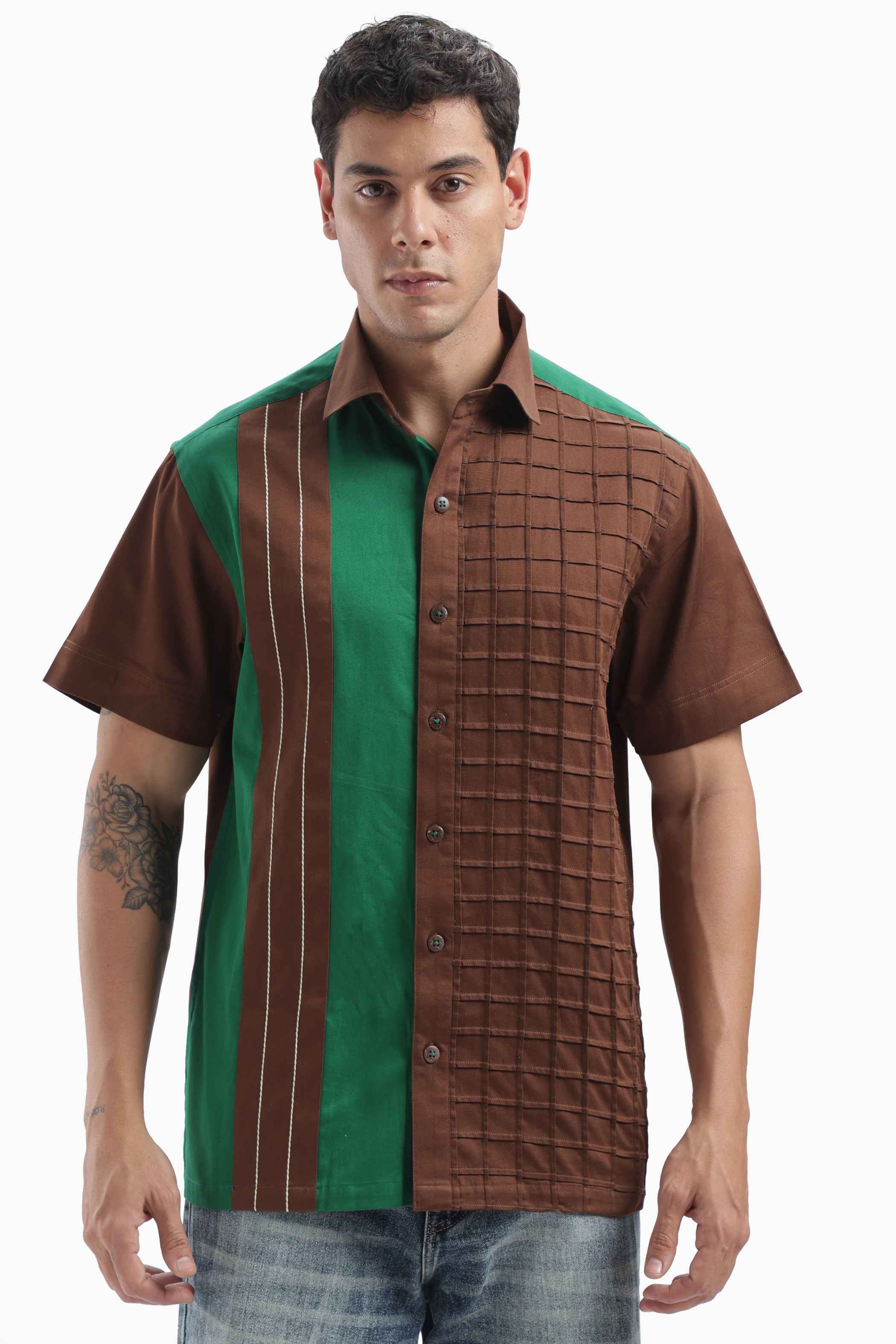 Brown Color Block Statement Shirt