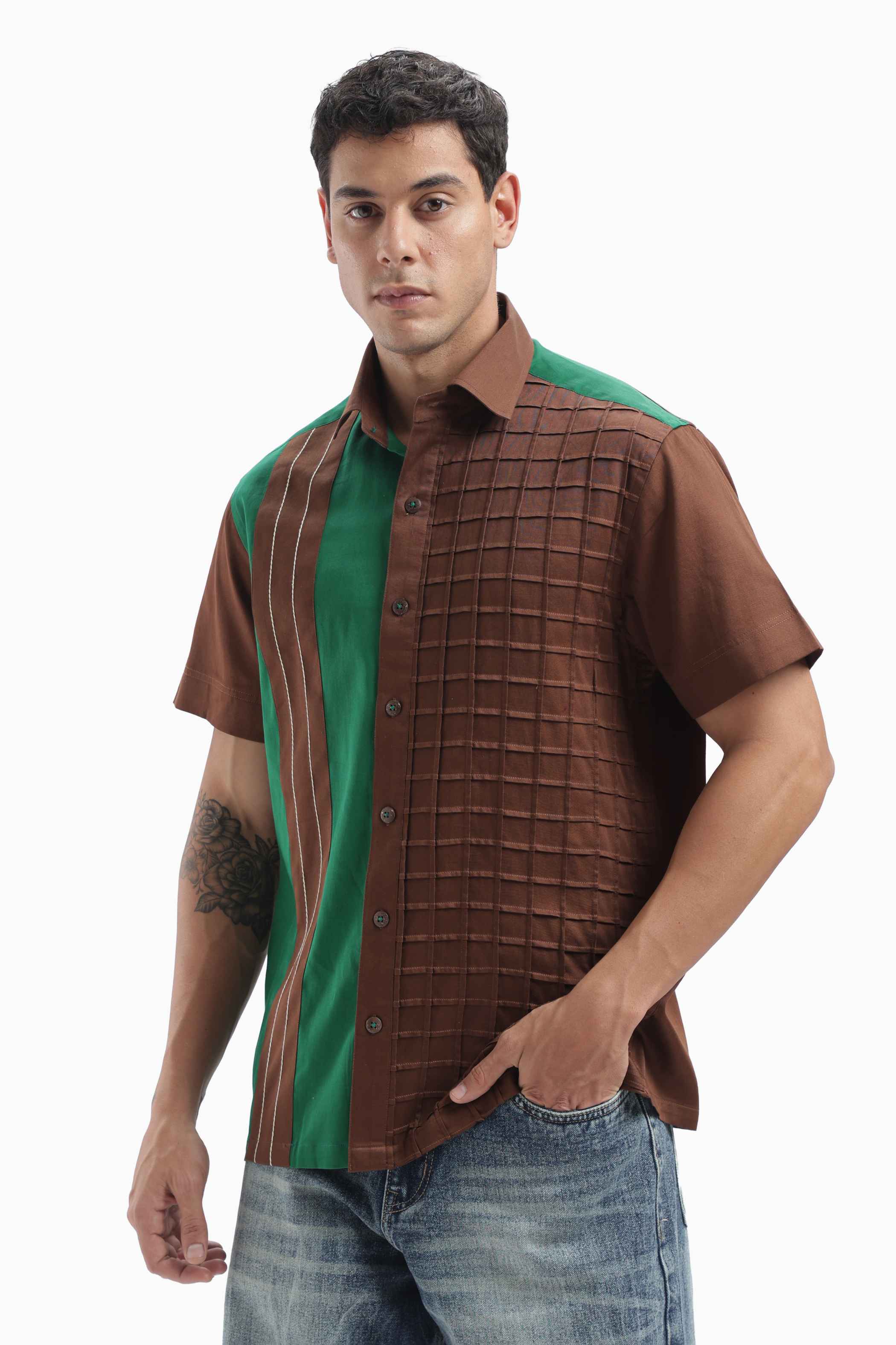 Brown Color Block Statement Shirt