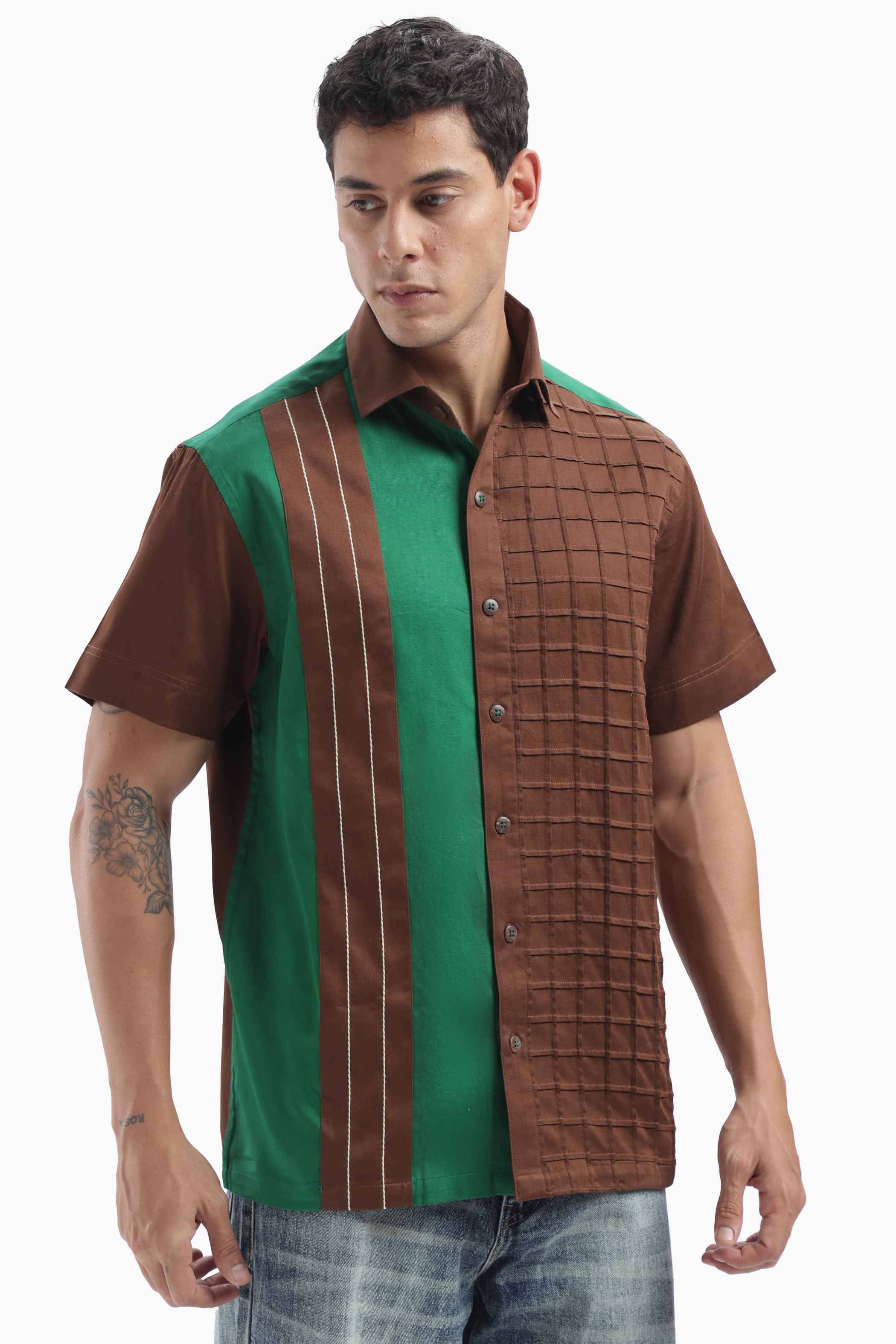 Brown Color Block Statement Shirt