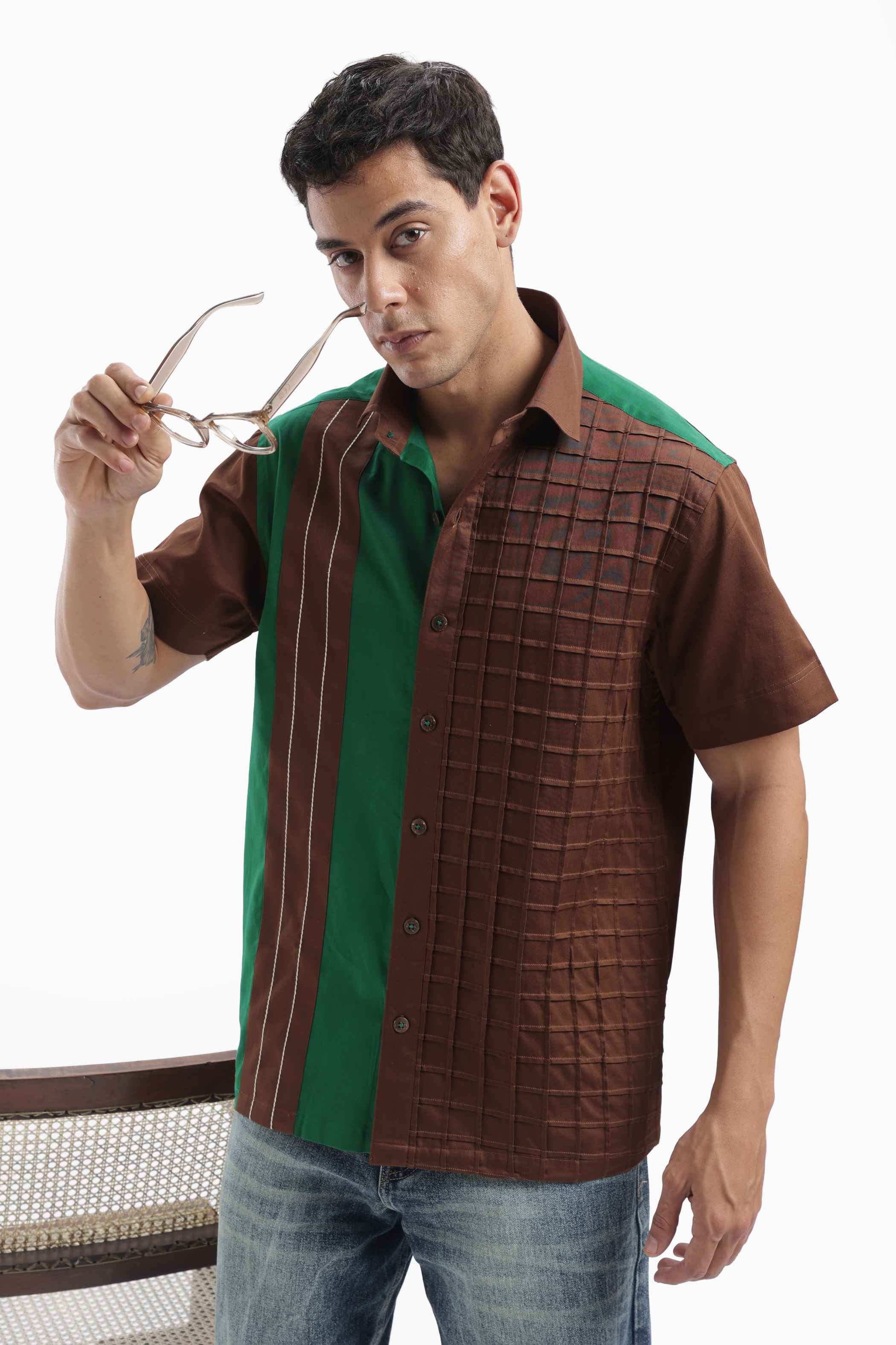 Brown Color Block Statement Shirt