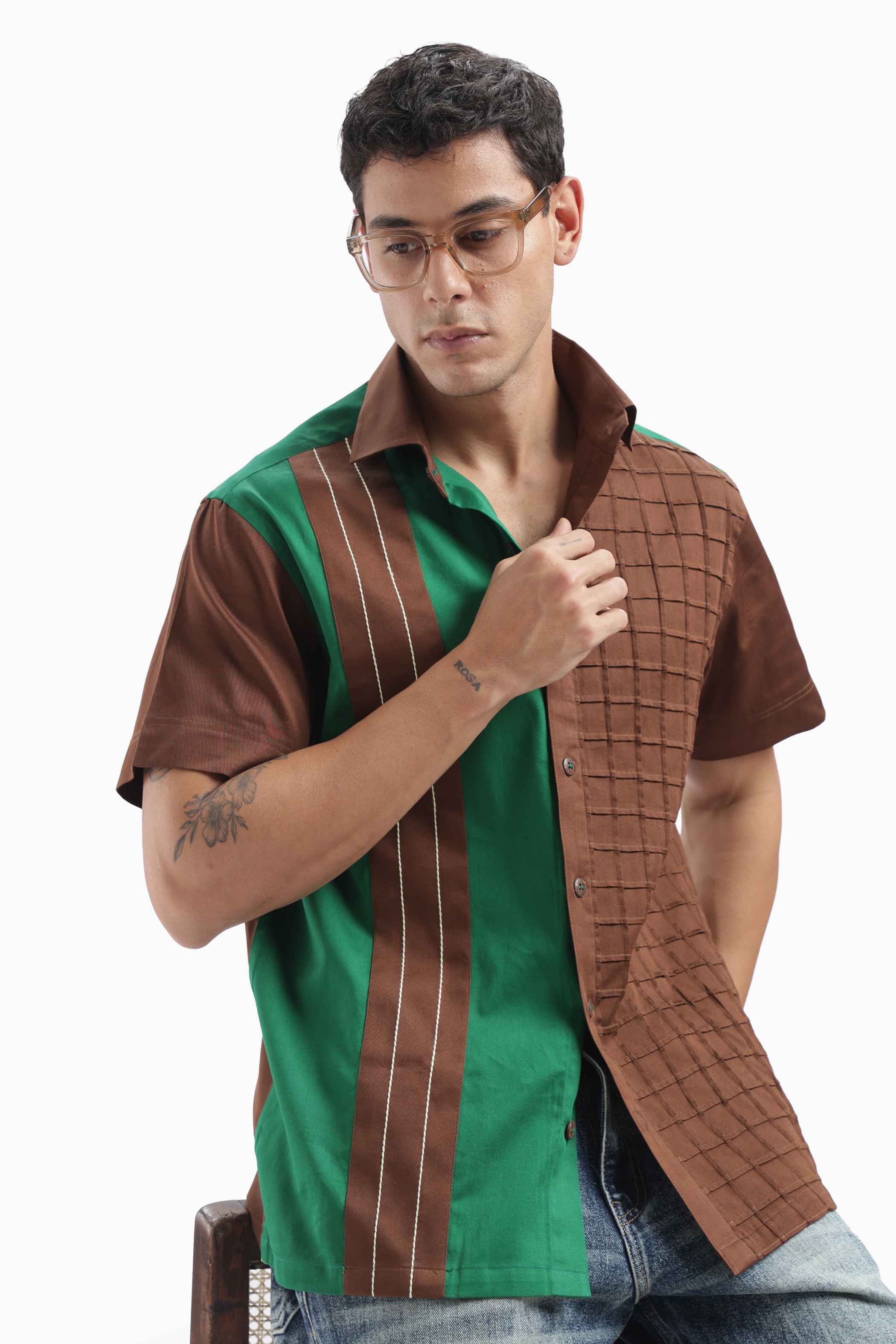 Brown Color Block Statement Shirt