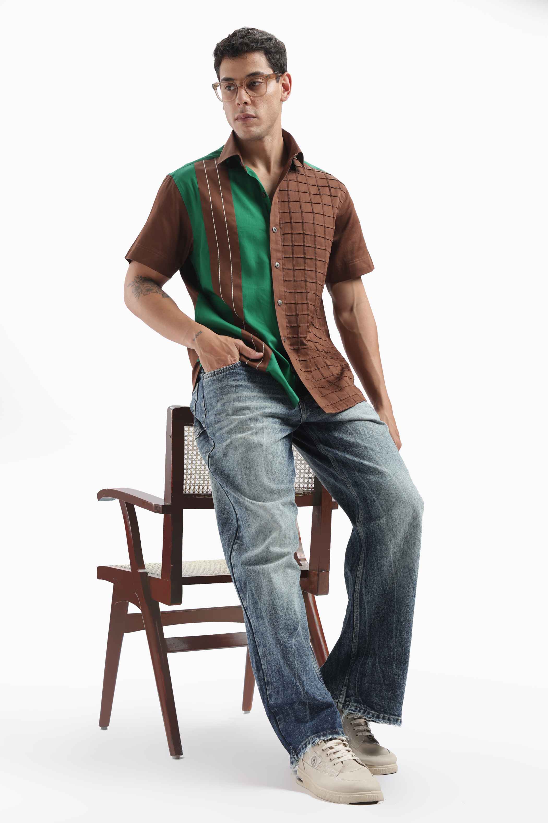 Brown Color Block Statement Shirt