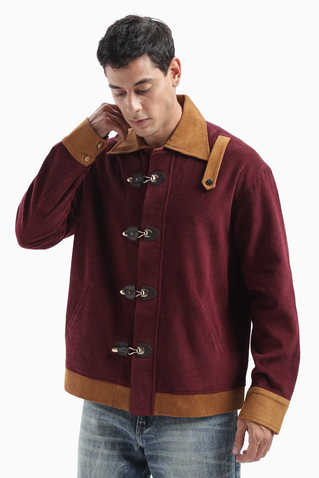 Wine Color Block Corduroy Jacket