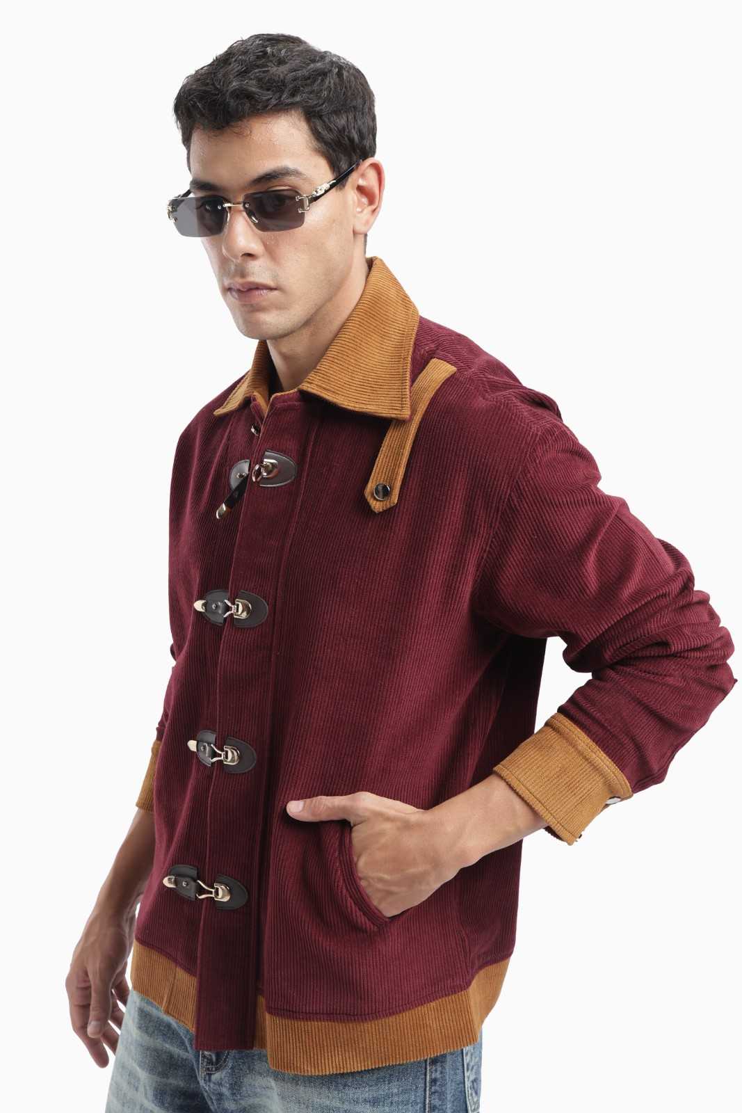 Wine Color Block Corduroy Jacket