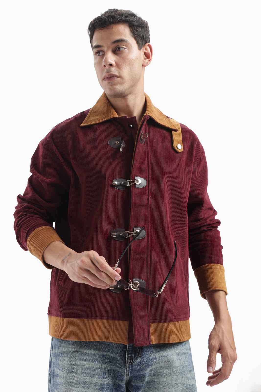 Wine Color Block Corduroy Jacket
