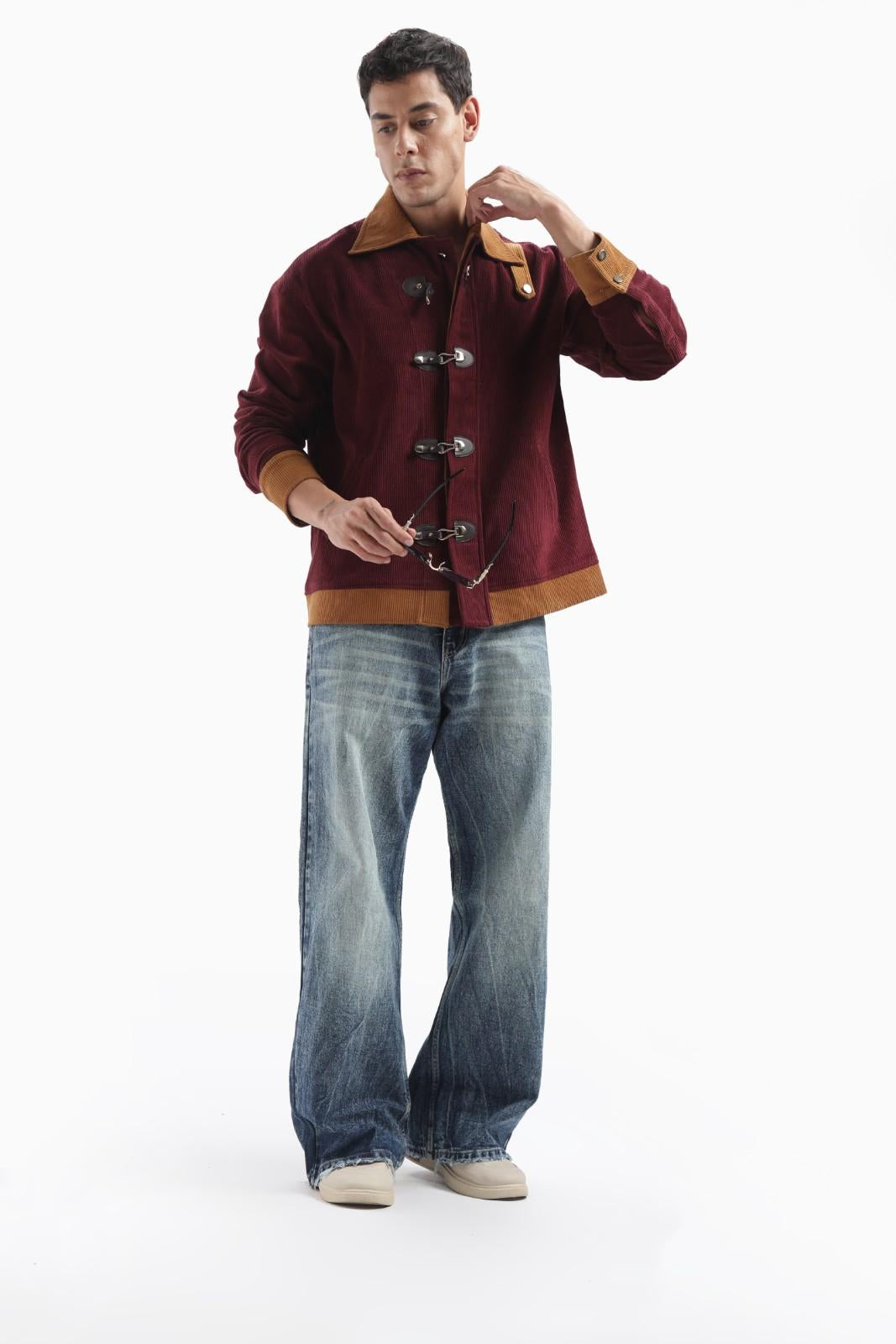 Wine Color Block Corduroy Jacket