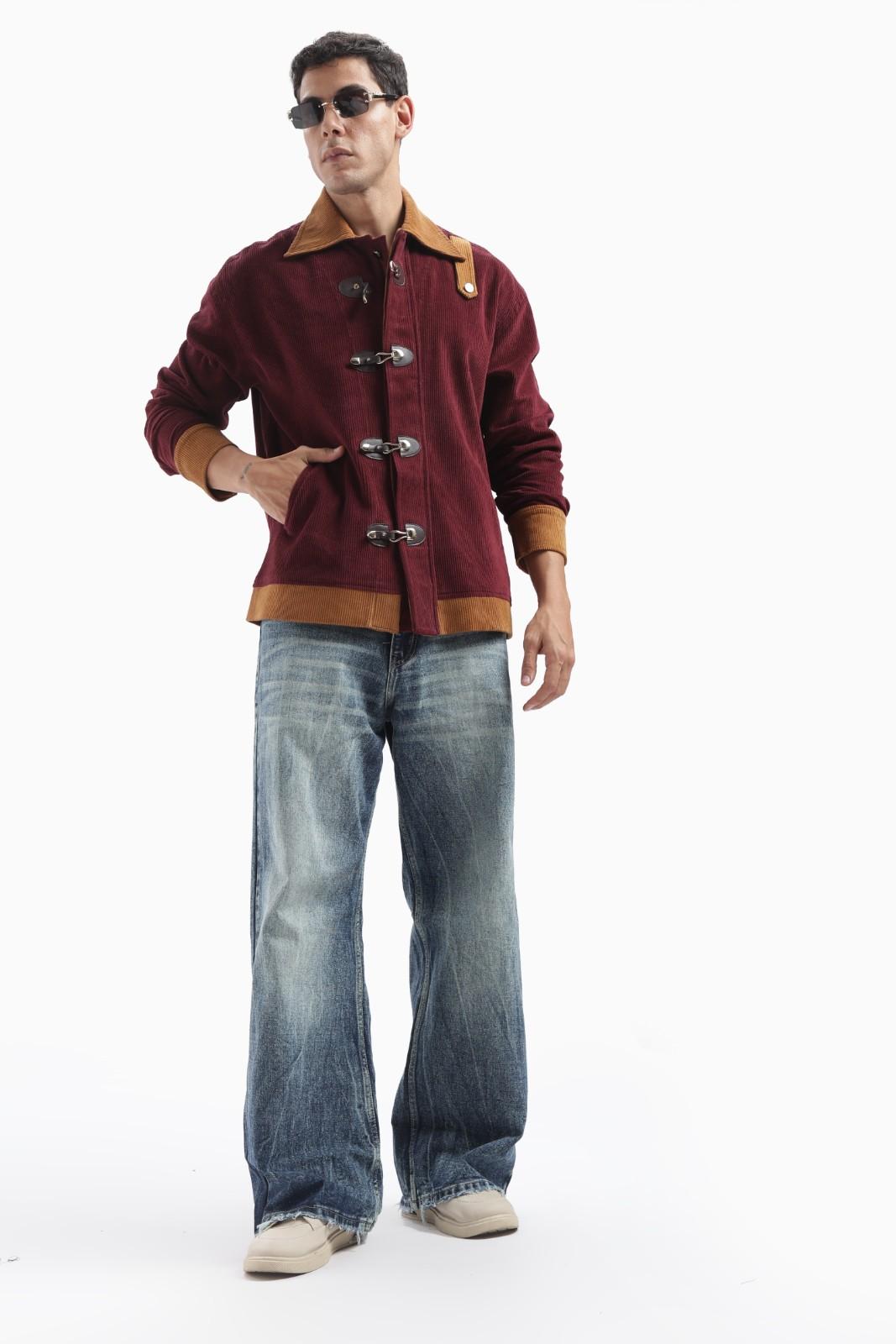 Wine Color Block Corduroy Jacket
