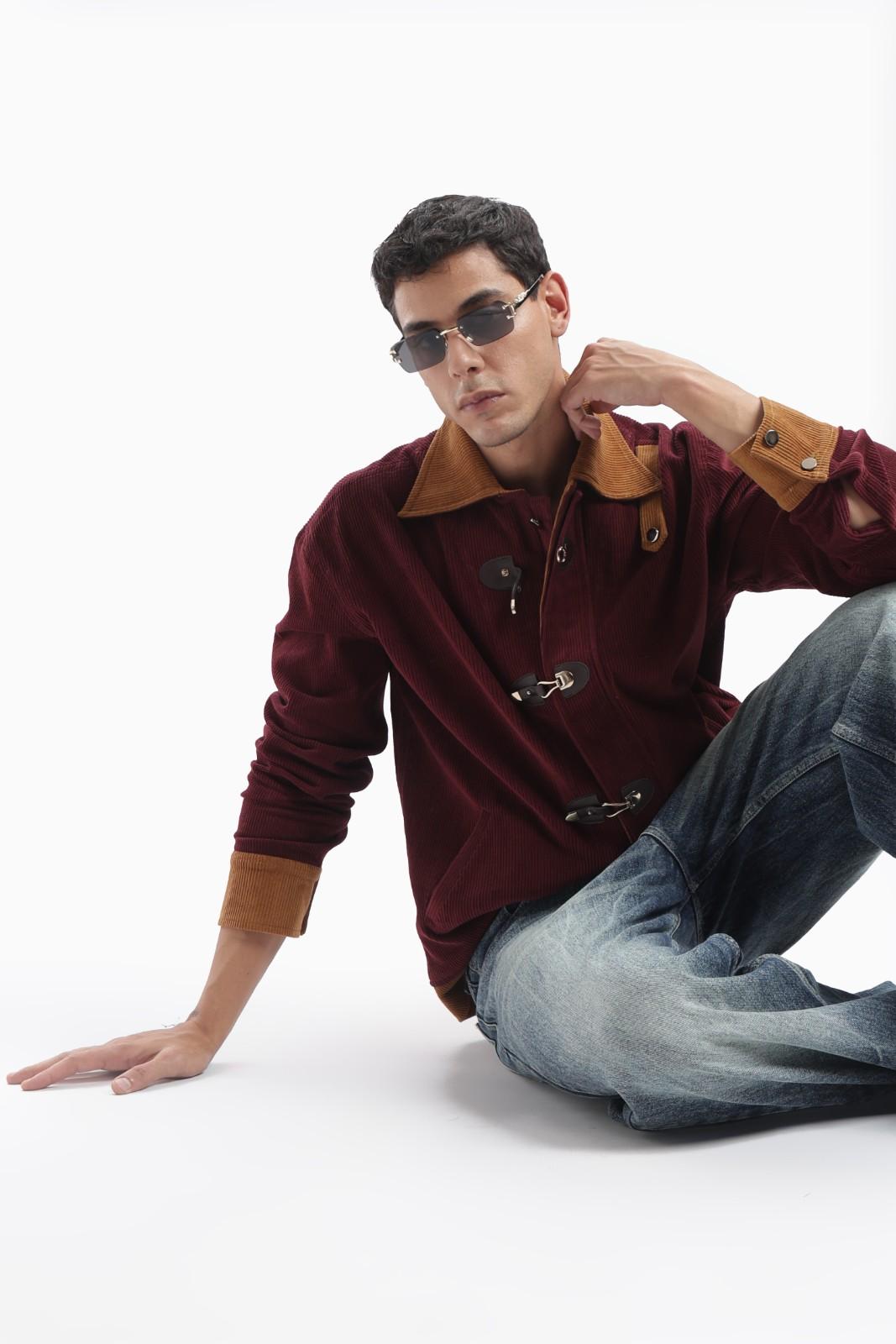Wine Color Block Corduroy Jacket