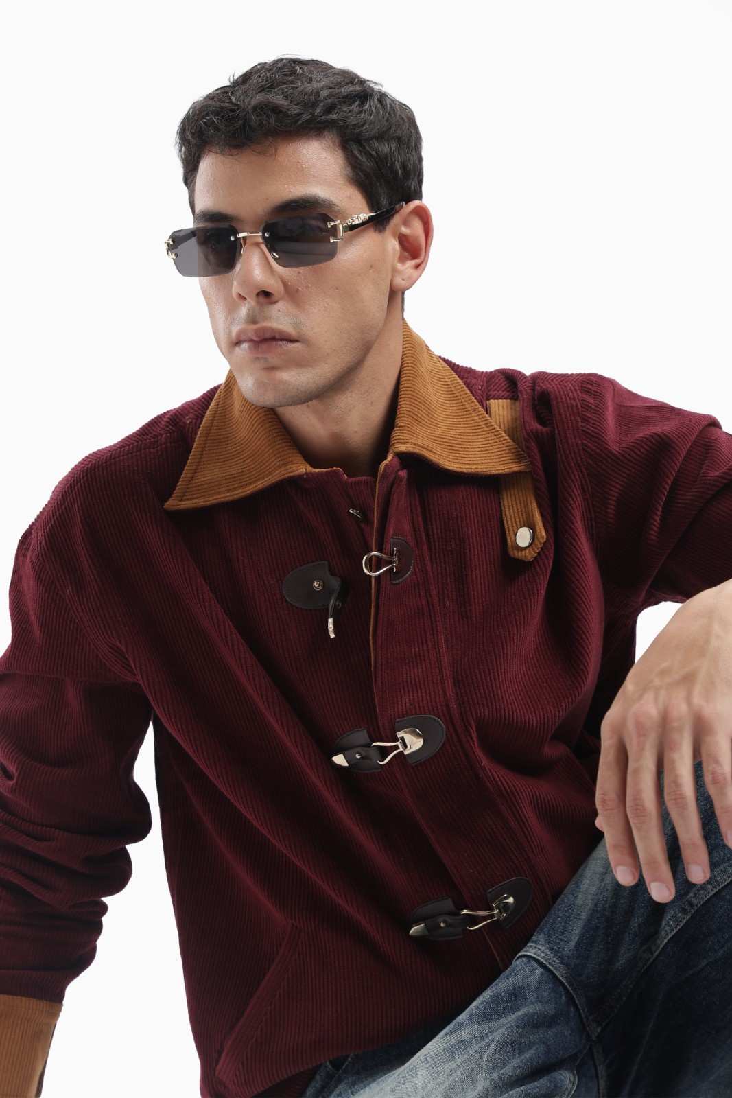 Wine Color Block Corduroy Jacket