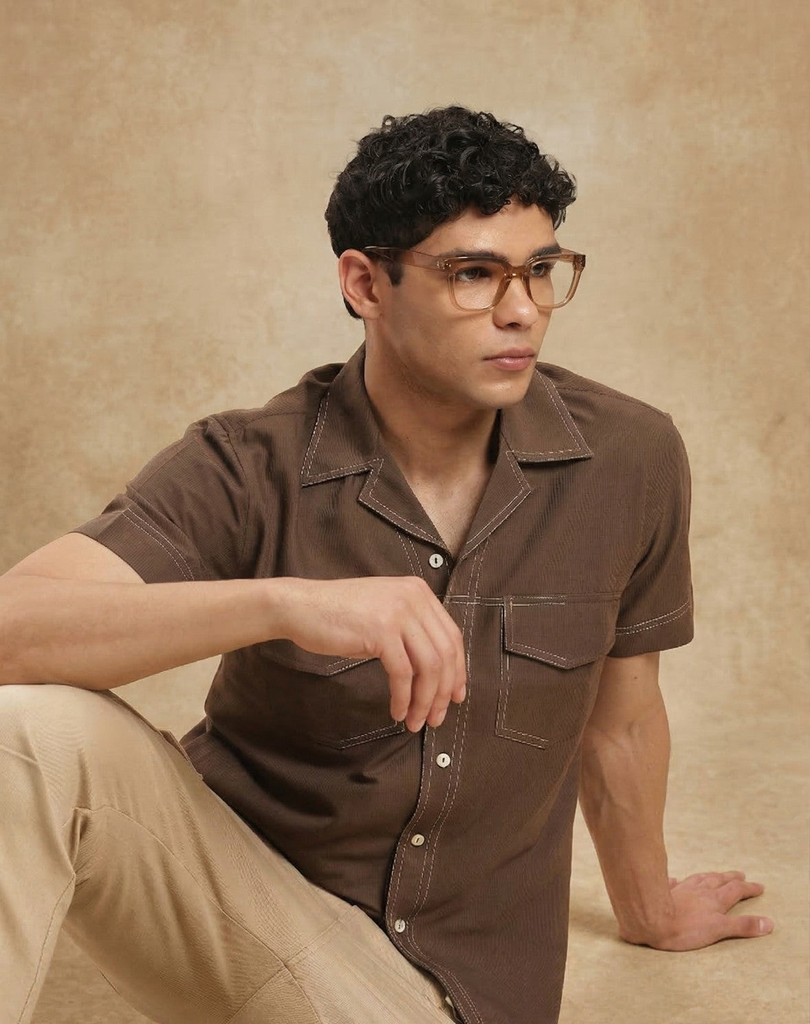 Brown Cuban Collar Short Sleeve Shirt