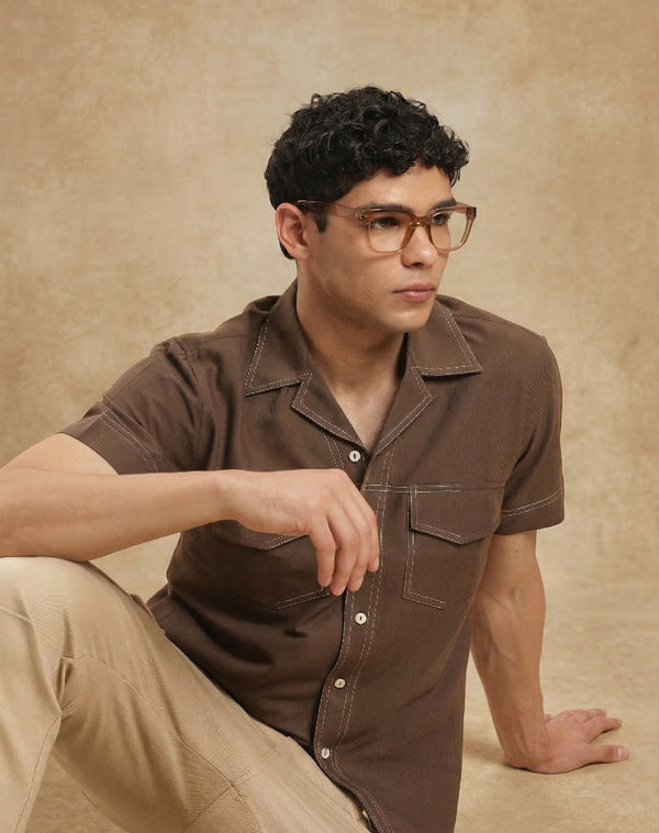 Brown Cuban Collar Short Sleeve Shirt - Relaxed Fit Casual Shirt for Men