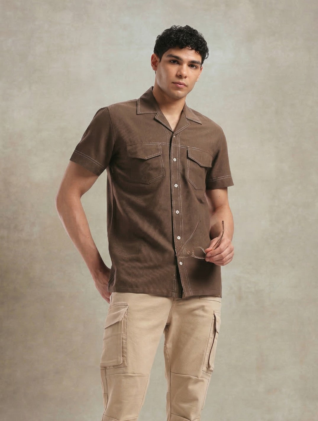 Men's brown Cuban collar relaxed fit short sleeve shirt